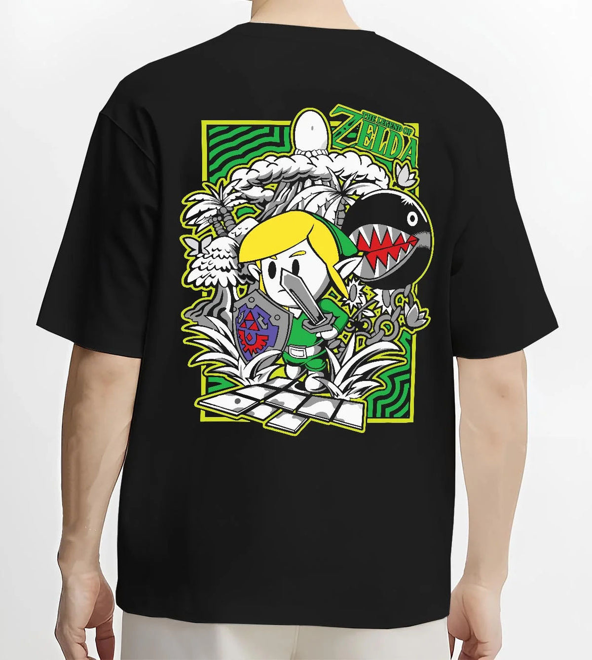 Black T-shirt worn by male model from the back featuring Link with the Master Sword artwork.