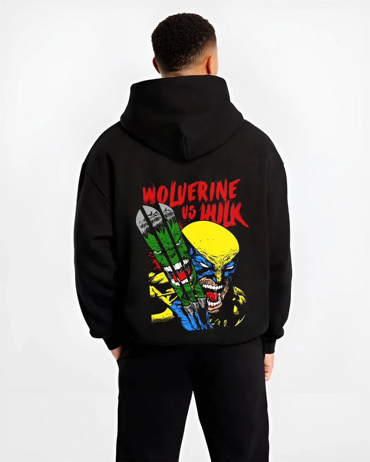 Black hoodie worn by male model, back view with Demon Slayer Kokushibo Crescent Hoodie Upper Moon graphic premium wear.