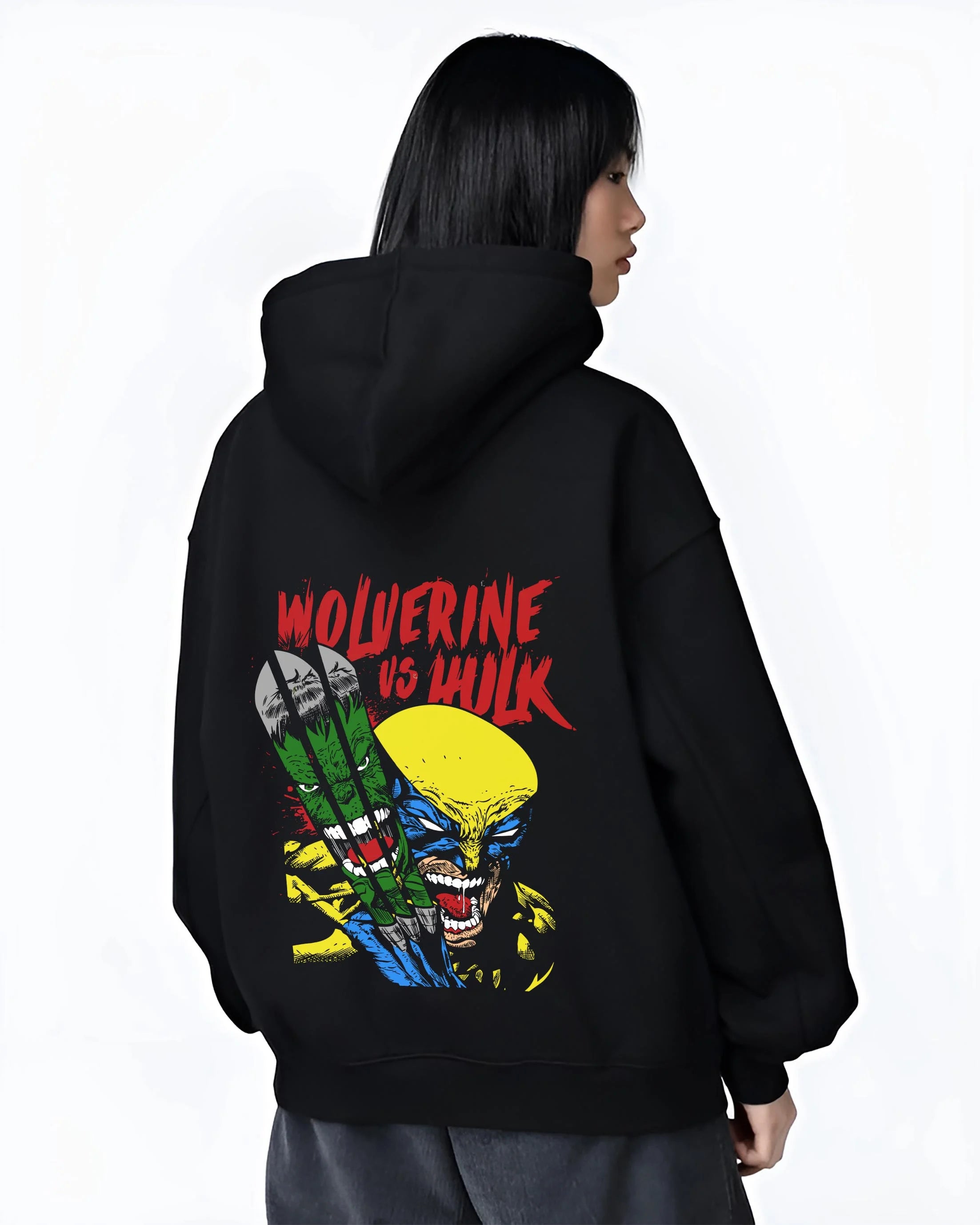 Black hoodie worn by female model, back view with Demon Slayer Kokushibo Crescent Hoodie Upper Moon graphic streetwear graphic.