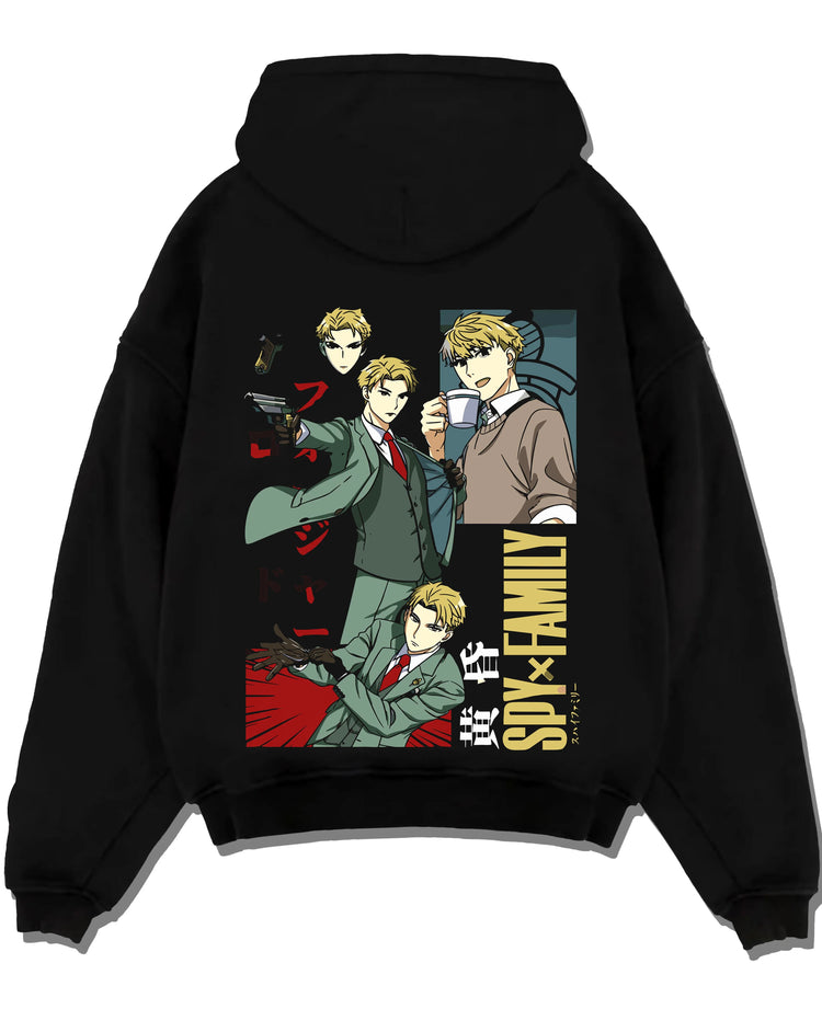 Black pullover hoodie laid flat on white background, featuring Spy x Family’s Loid Forger retro anime poster inspired artwork.