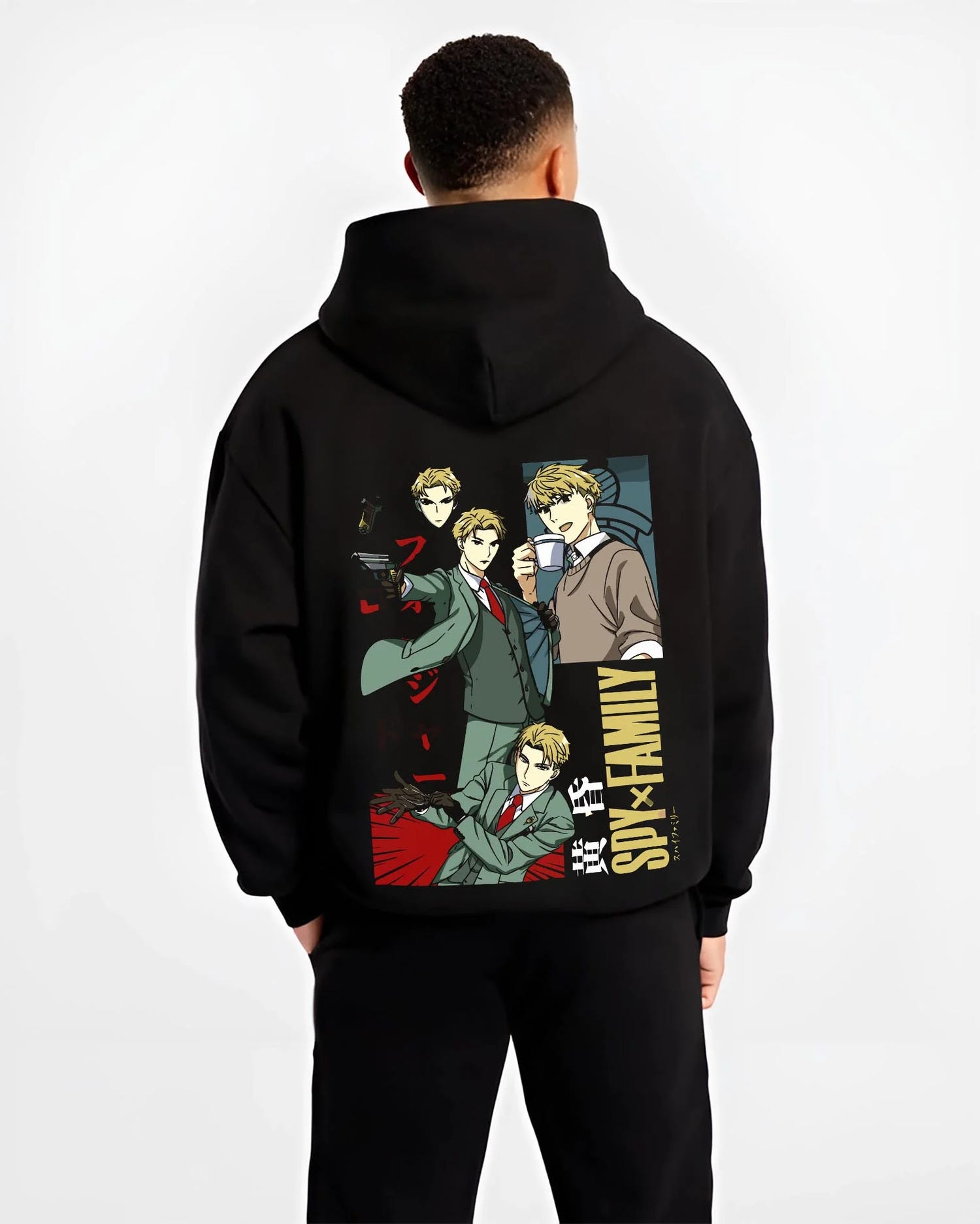 Black hoodie worn by female model, back view, with Japanese animation streetwear artwork of Loid Forger Twilight anime spy design.
