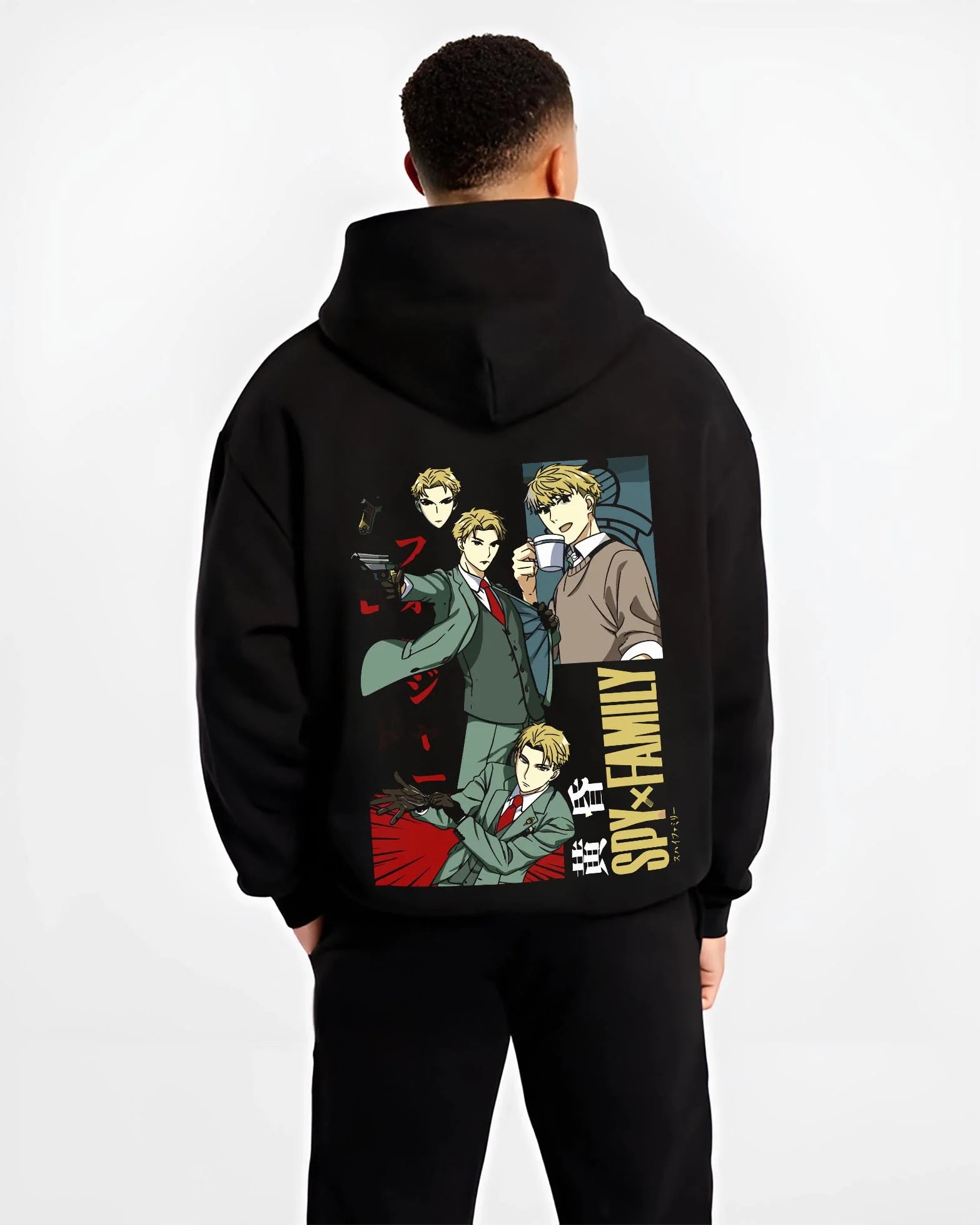 Black hoodie worn by female model, back view, with Japanese animation streetwear artwork of Loid Forger Twilight anime spy design.