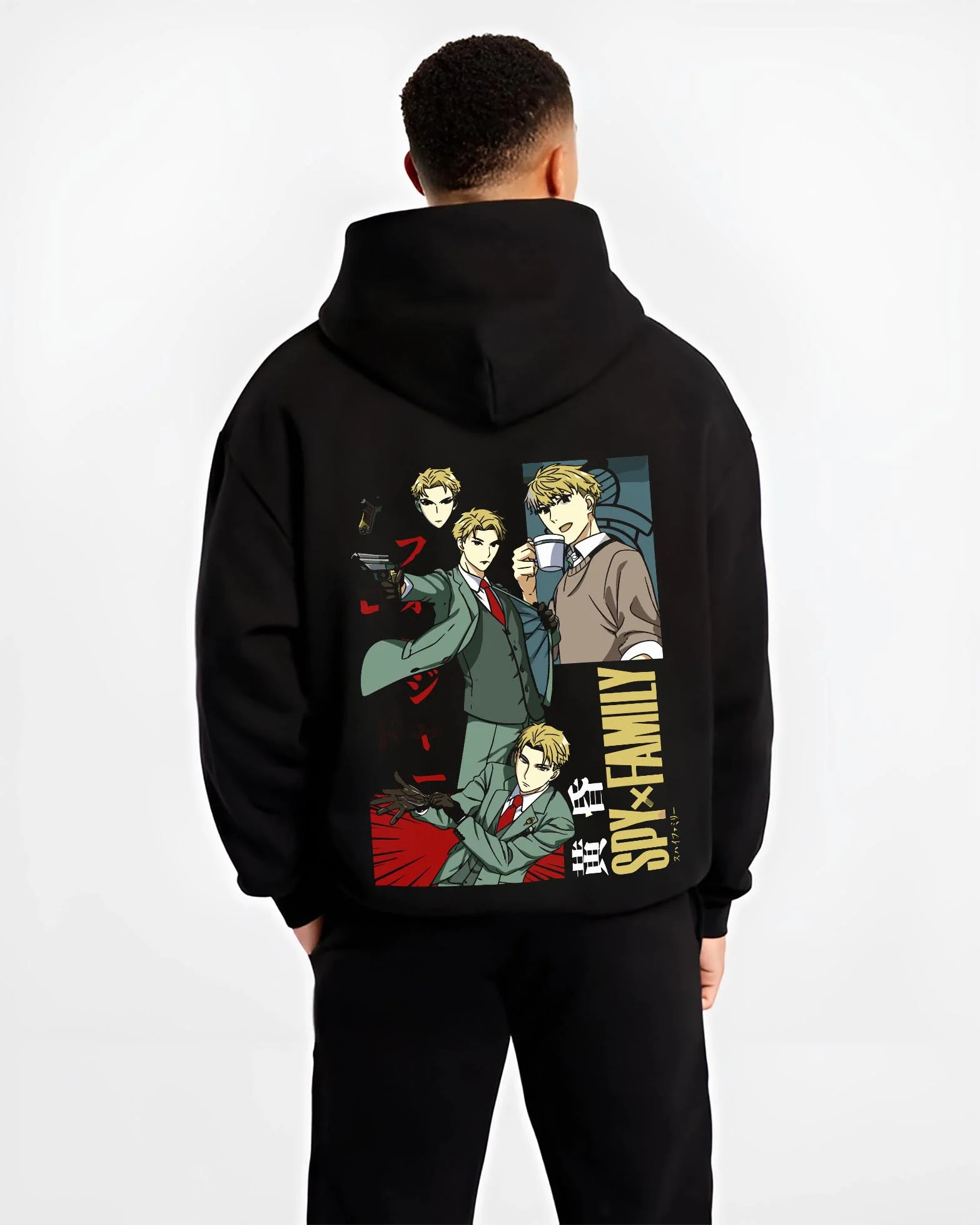 Black hoodie worn by female model, back view, with Japanese animation streetwear artwork of Loid Forger Twilight anime spy design.