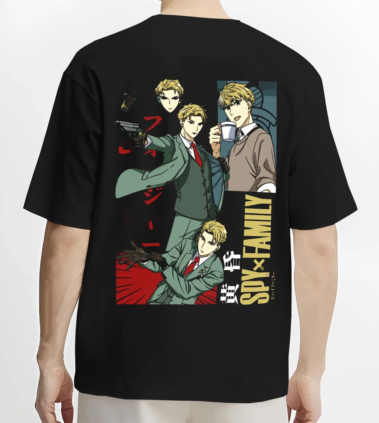 Black T-shirt laid flat with natural folds, showcasing arcade pixel graphic style Spy x Family Loid Forger anime design.