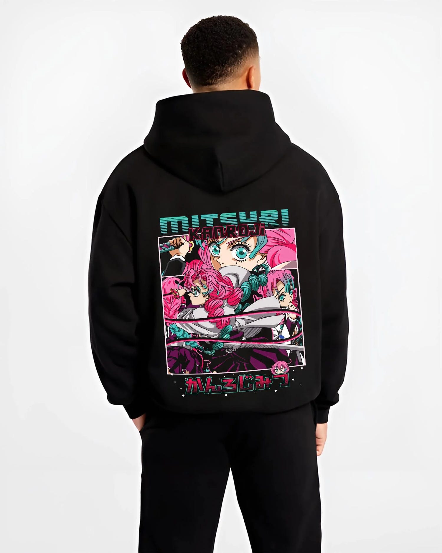 Black hoodie worn by male model, back view with Chainsaw Man Aki Hayakawa Hoodie Curse Contract graphic premium wear.