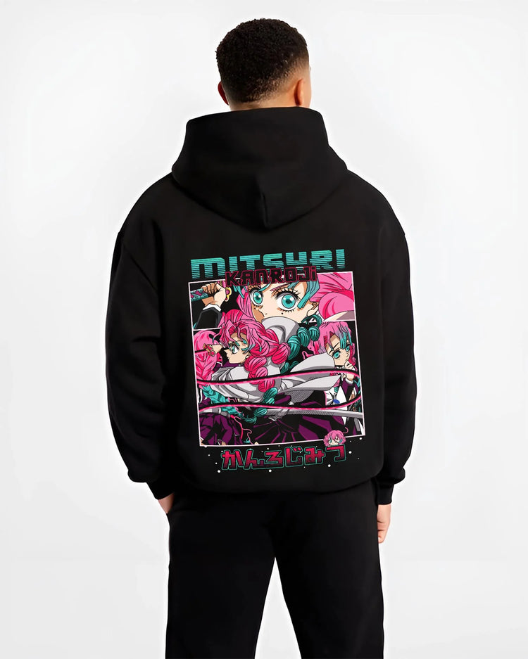 Black hoodie worn by male model, back view with Chainsaw Man Aki Hayakawa Hoodie Curse Contract graphic premium wear.