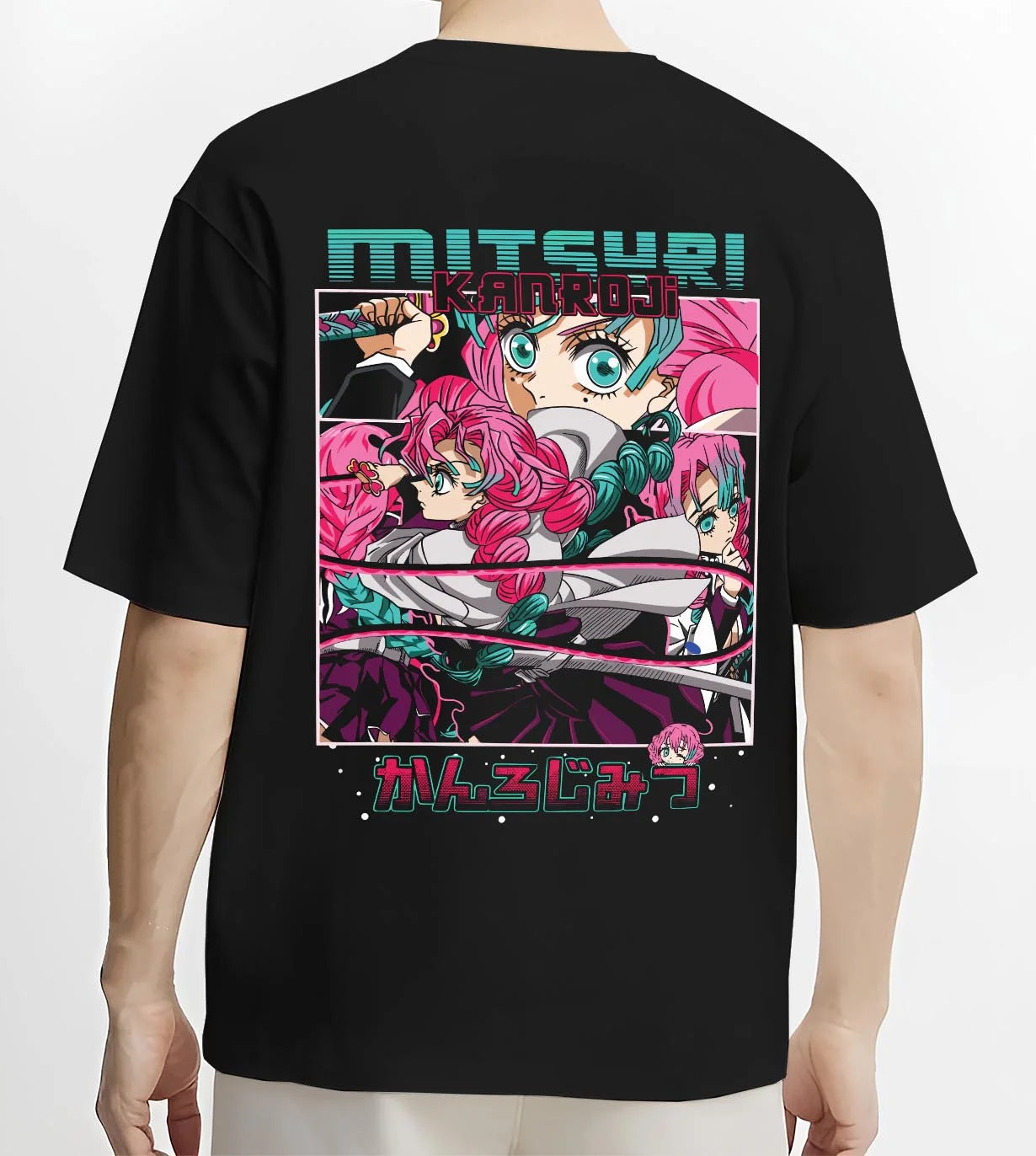 Black T-shirt worn by male model, back view with Chainsaw Man Aki Hayakawa Hoodie Curse Contract graphic bold anime graphic.