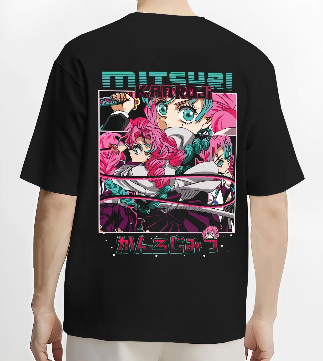 Black T-shirt worn by male model, back view with Chainsaw Man Aki Hayakawa Hoodie Curse Contract graphic bold anime graphic.