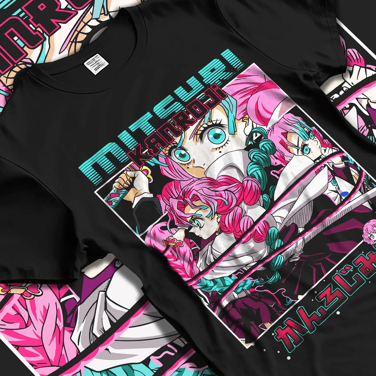 Black T-shirt laid flat with natural folds with Chainsaw Man Aki Hayakawa Hoodie Curse Contract graphic bold anime graphic.