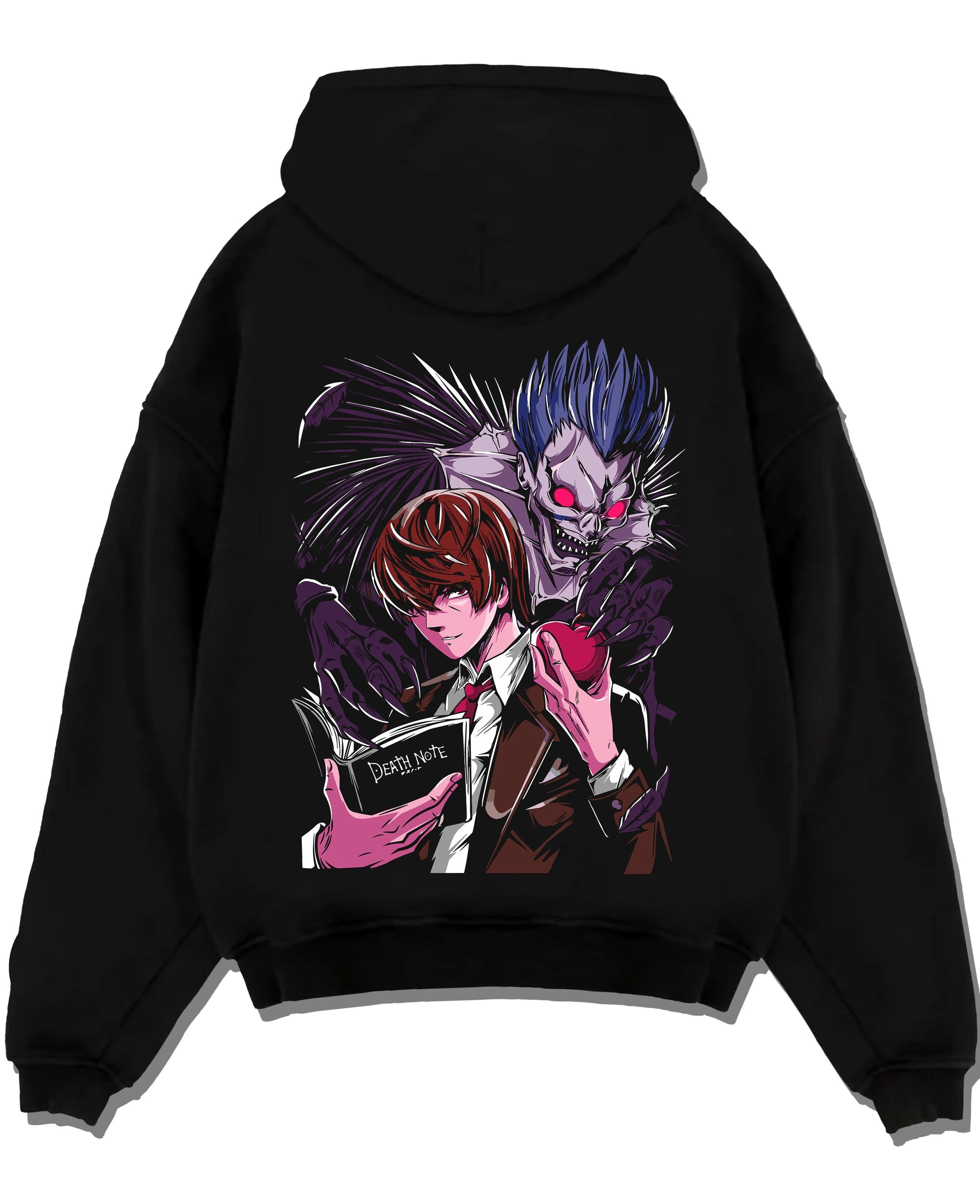 Black pullover hoodie laid flat with Ryuk Hoodie Death Note Shinigami Dark Aesthetic graphic Ryuk anime design.