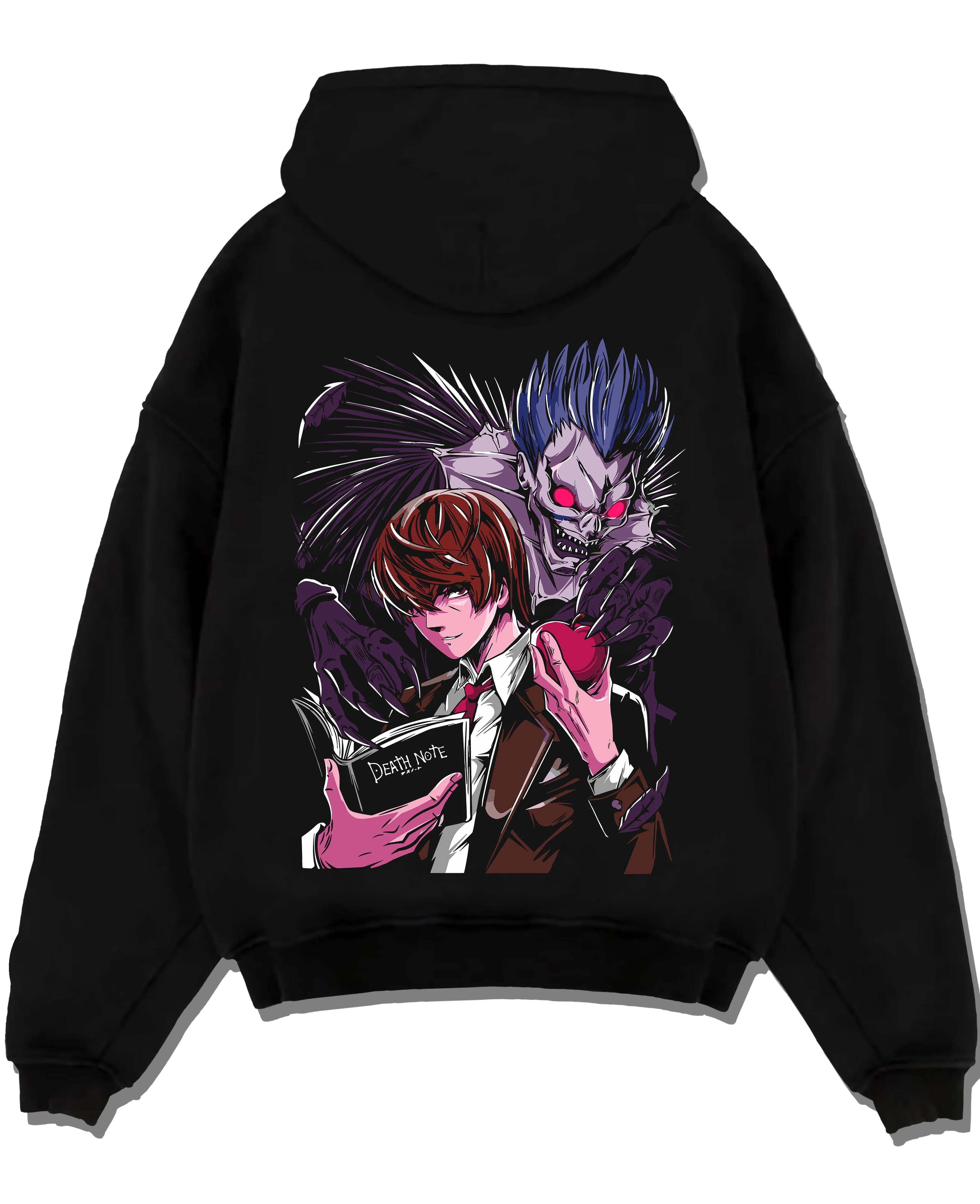 Black pullover hoodie laid flat with Ryuk Hoodie Death Note Shinigami Dark Aesthetic graphic Ryuk anime design.
