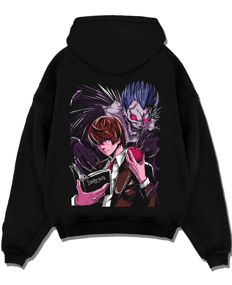 Black pullover hoodie laid flat with Ryuk Hoodie Death Note Shinigami Dark Aesthetic graphic Ryuk anime design.