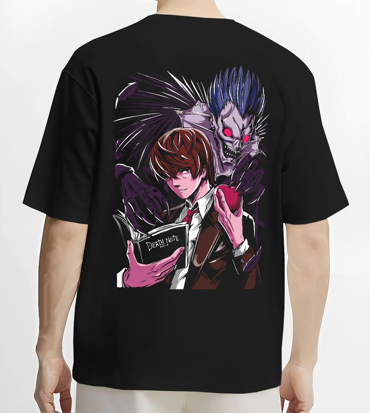 Black T-shirt worn by male model, back view with Ryuk Hoodie Death Note Shinigami Dark Aesthetic graphic Ryuk anime design.