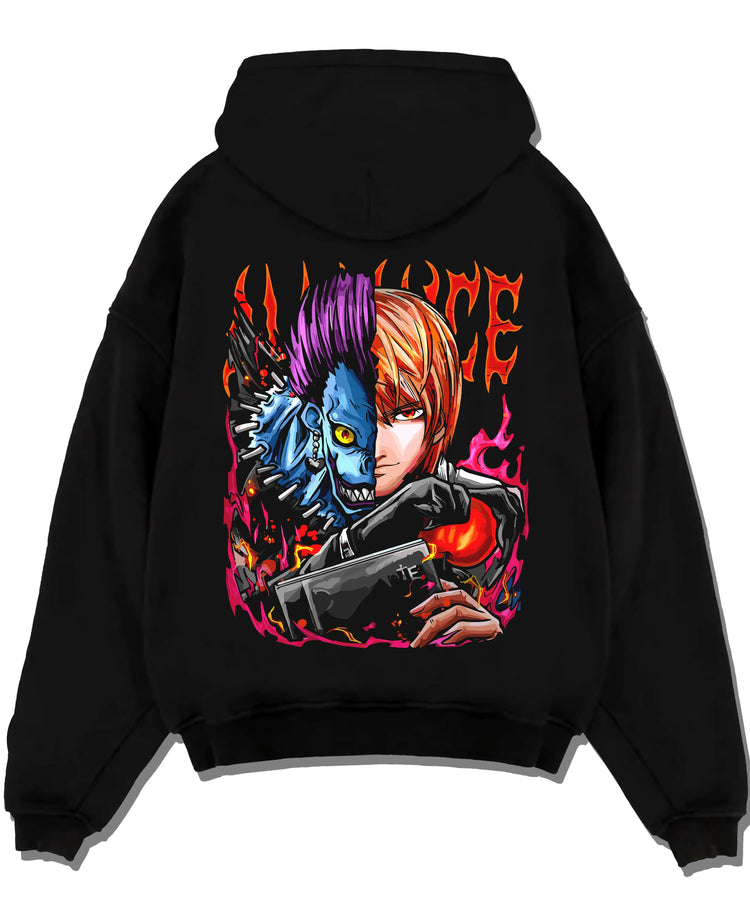 Black pullover hoodie laid flat with Ryuk Light Hoodie Death Note Kira Shinigami Duo graphic streetwear graphic.