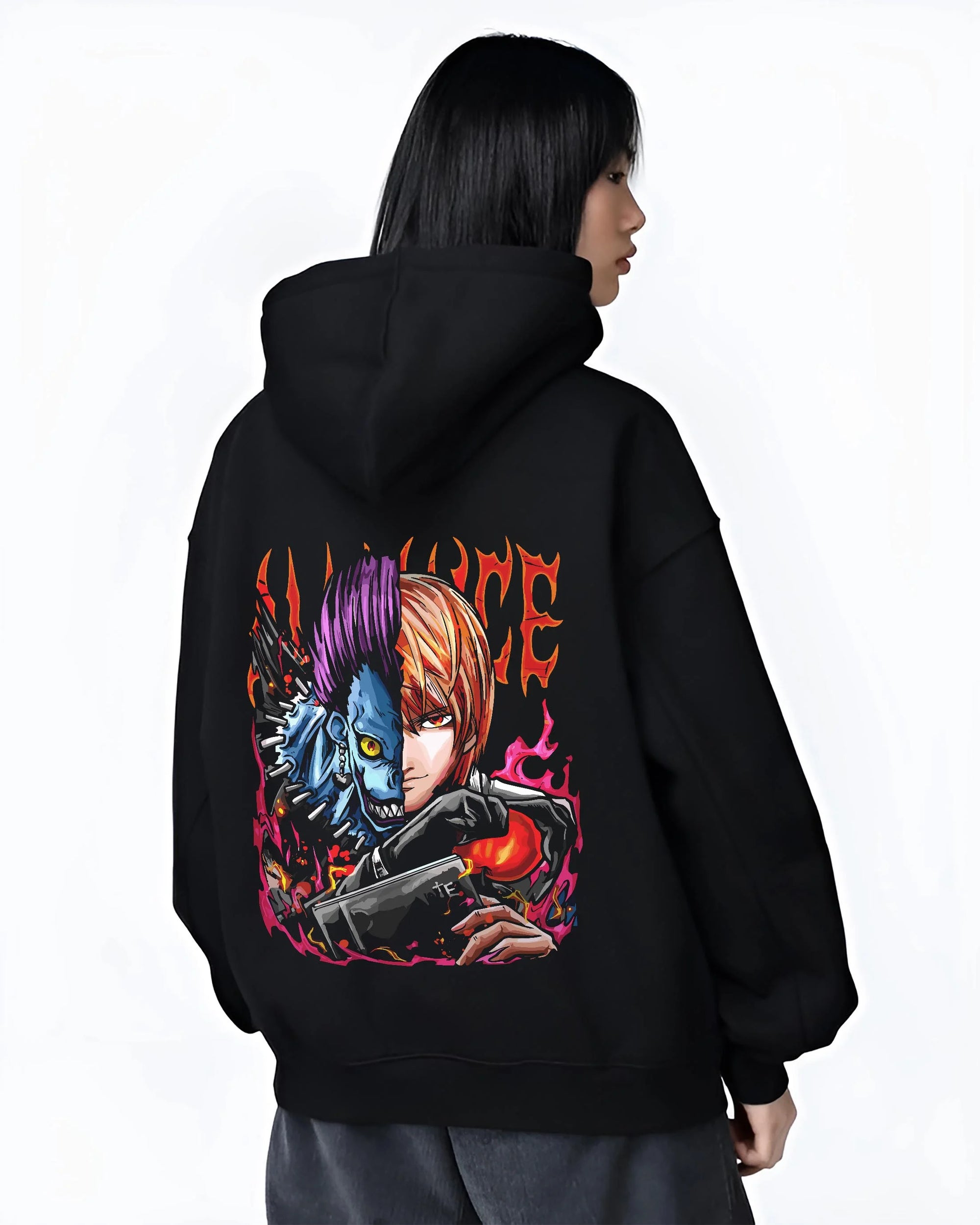 Black hoodie worn by female model, back view with Ryuk Light Hoodie Death Note Kira Shinigami Duo graphic streetwear graphic.