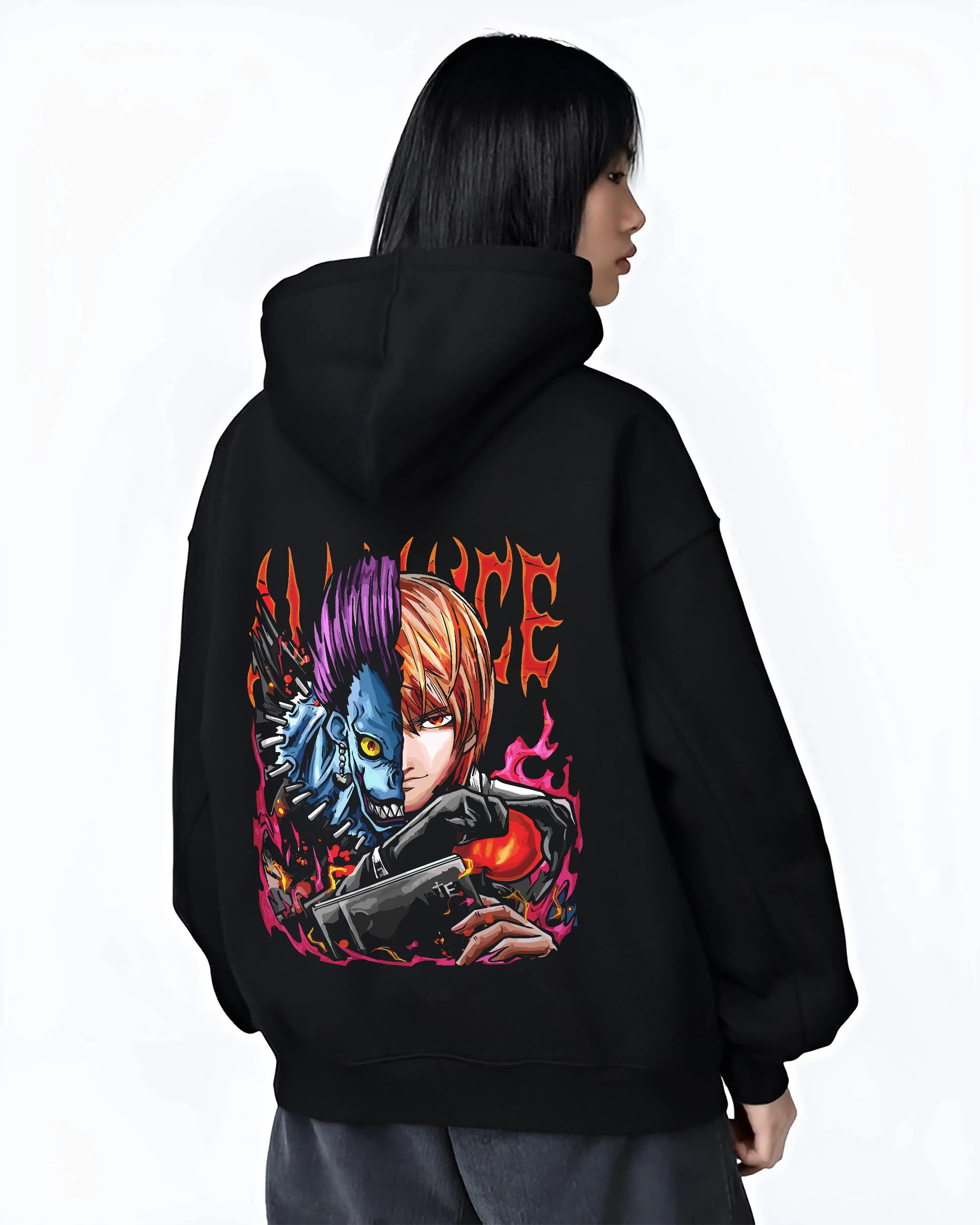 Black hoodie worn by female model, back view with Ryuk Light Hoodie Death Note Kira Shinigami Duo graphic streetwear graphic.