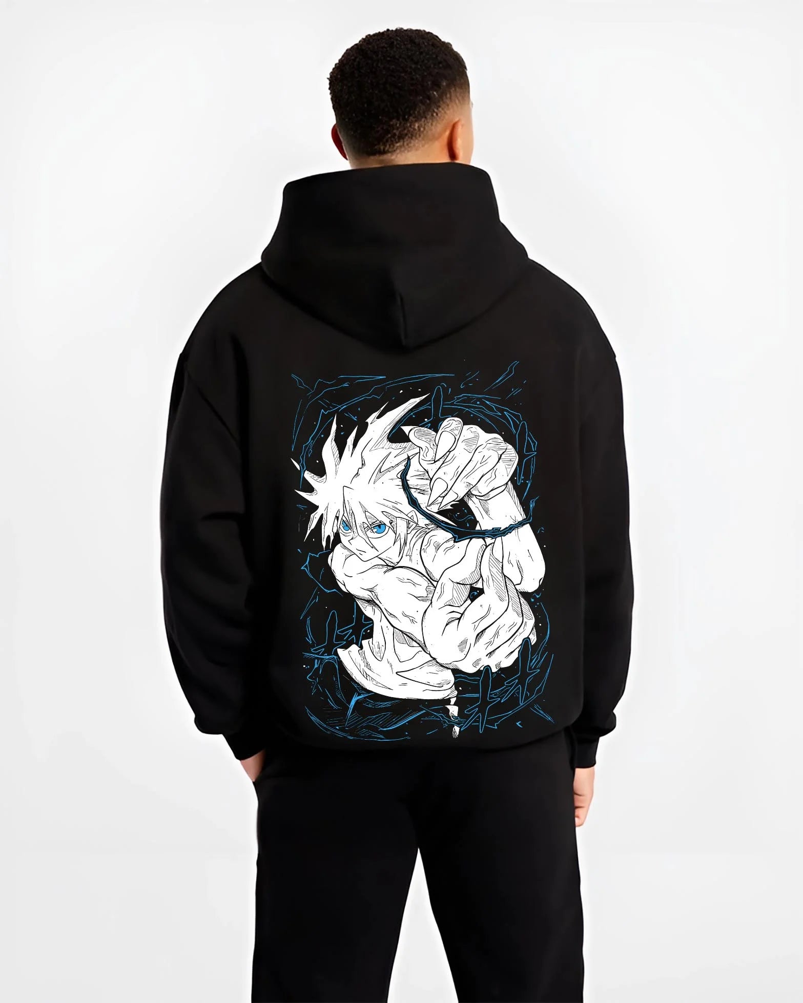 Black hoodie worn by male model, back view with Chainsaw Man Aki Hayakawa Sword Spirit Hoodie graphic premium wear.