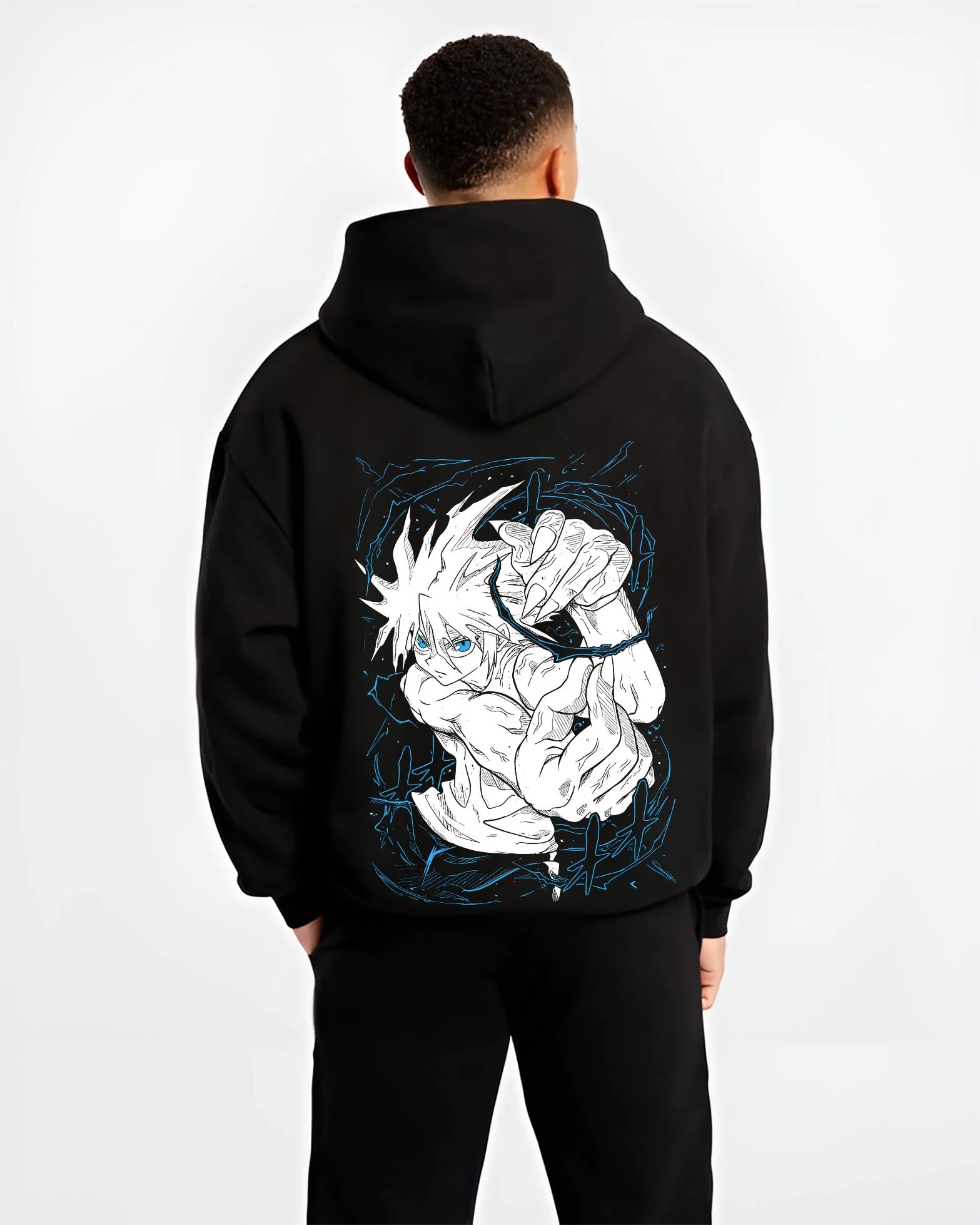 Black hoodie worn by male model, back view with Chainsaw Man Aki Hayakawa Sword Spirit Hoodie graphic premium wear.