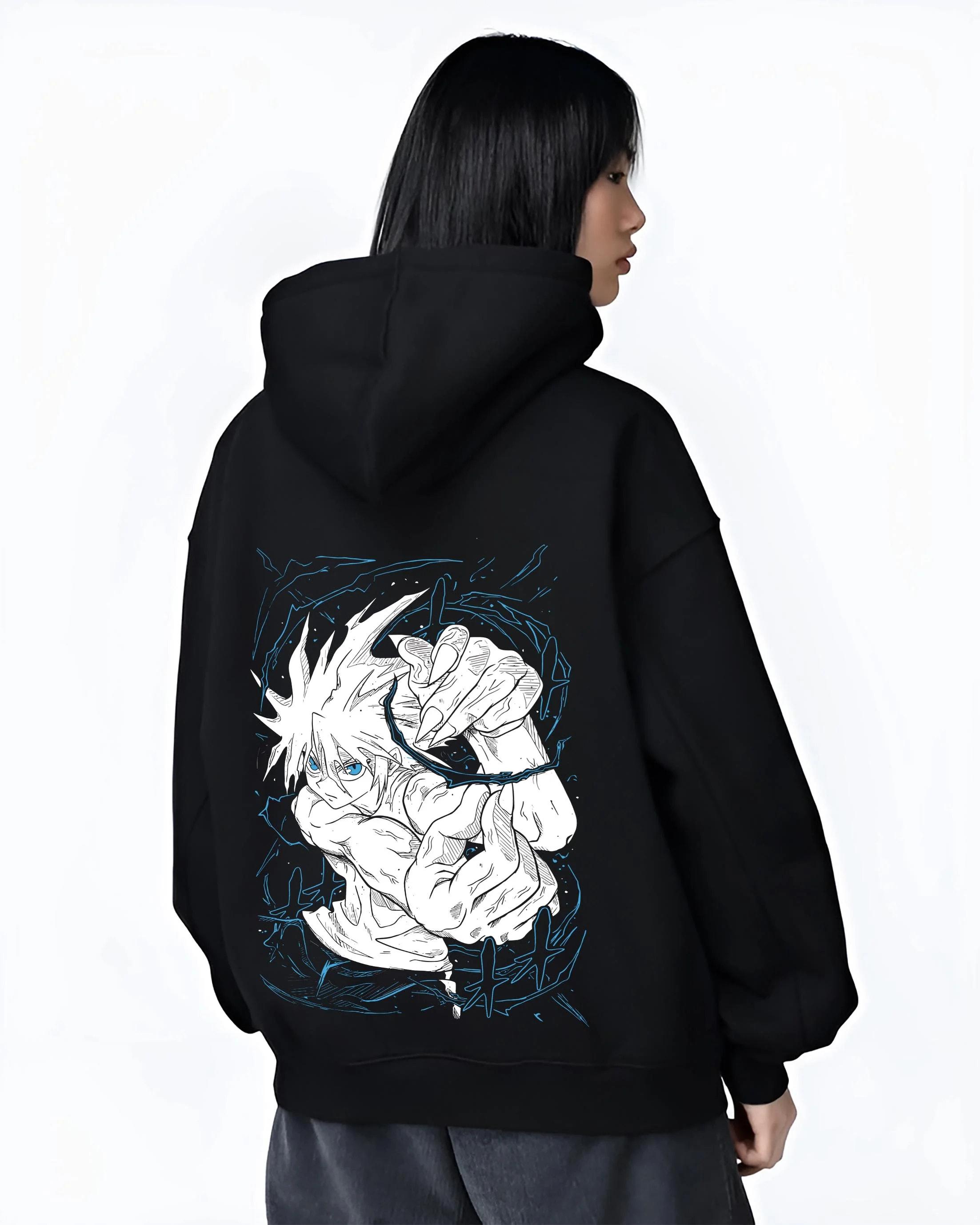 Black hoodie worn by female model, back view with Chainsaw Man Aki Hayakawa Sword Spirit Hoodie graphic premium wear.