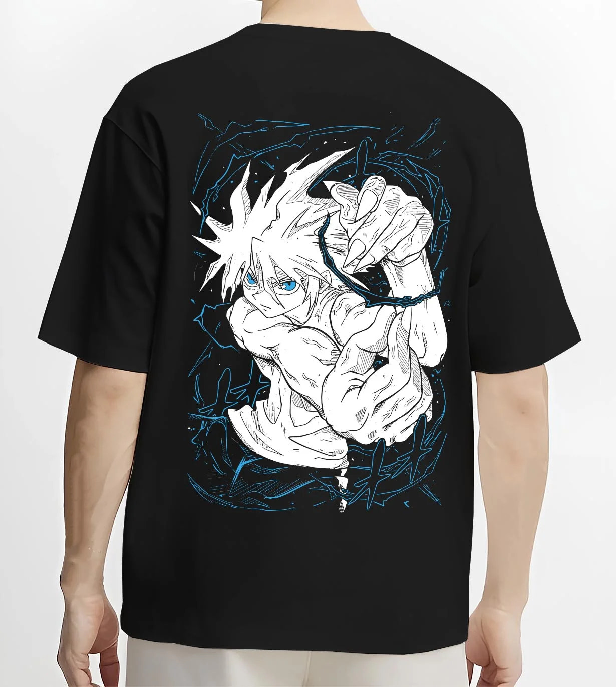 Black T-shirt worn by male model, back view with Chainsaw Man Aki Hayakawa Sword Spirit Hoodie graphic bold anime graphic.