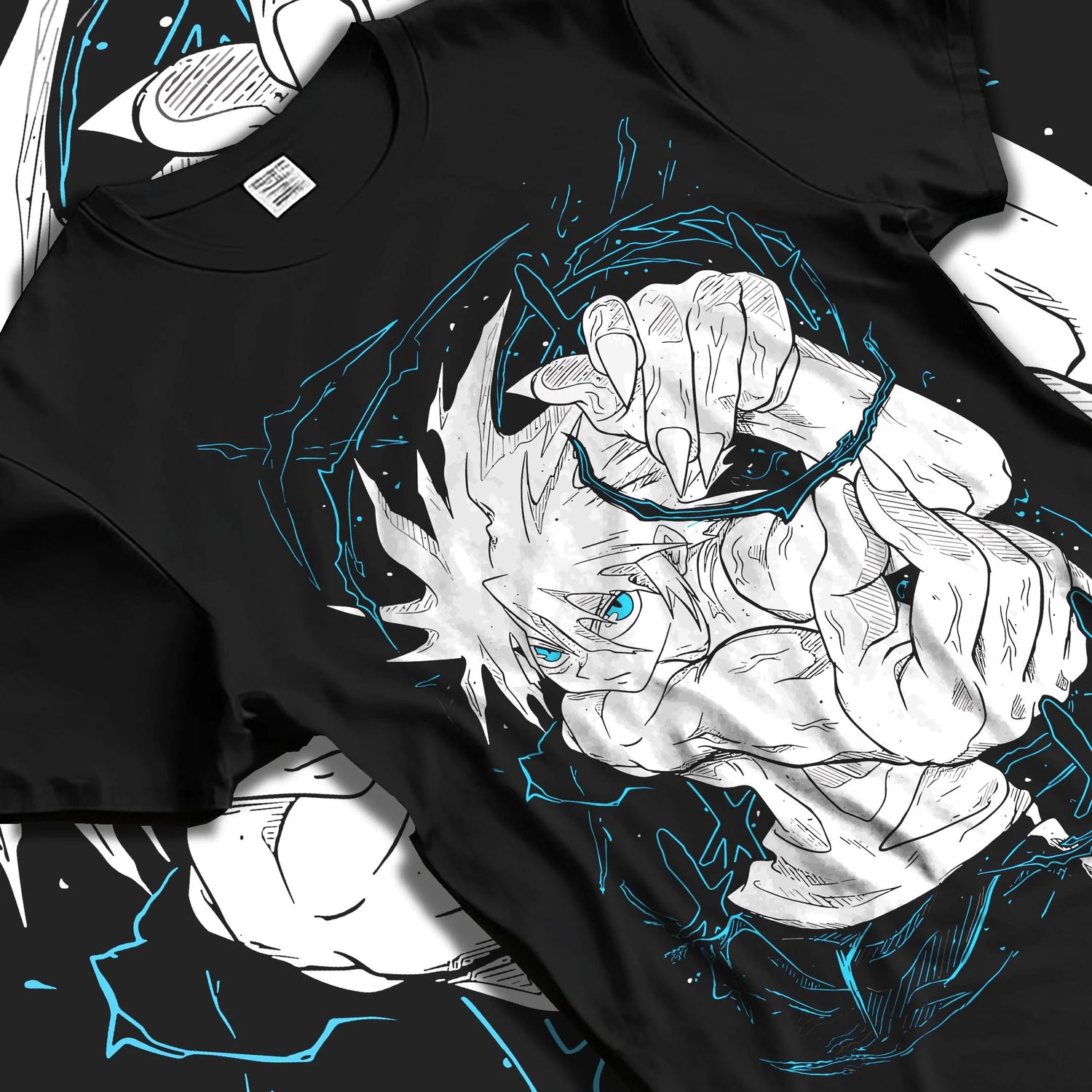 Black T-shirt laid flat with natural folds with Chainsaw Man Aki Hayakawa Sword Spirit Hoodie graphic bold anime graphic.