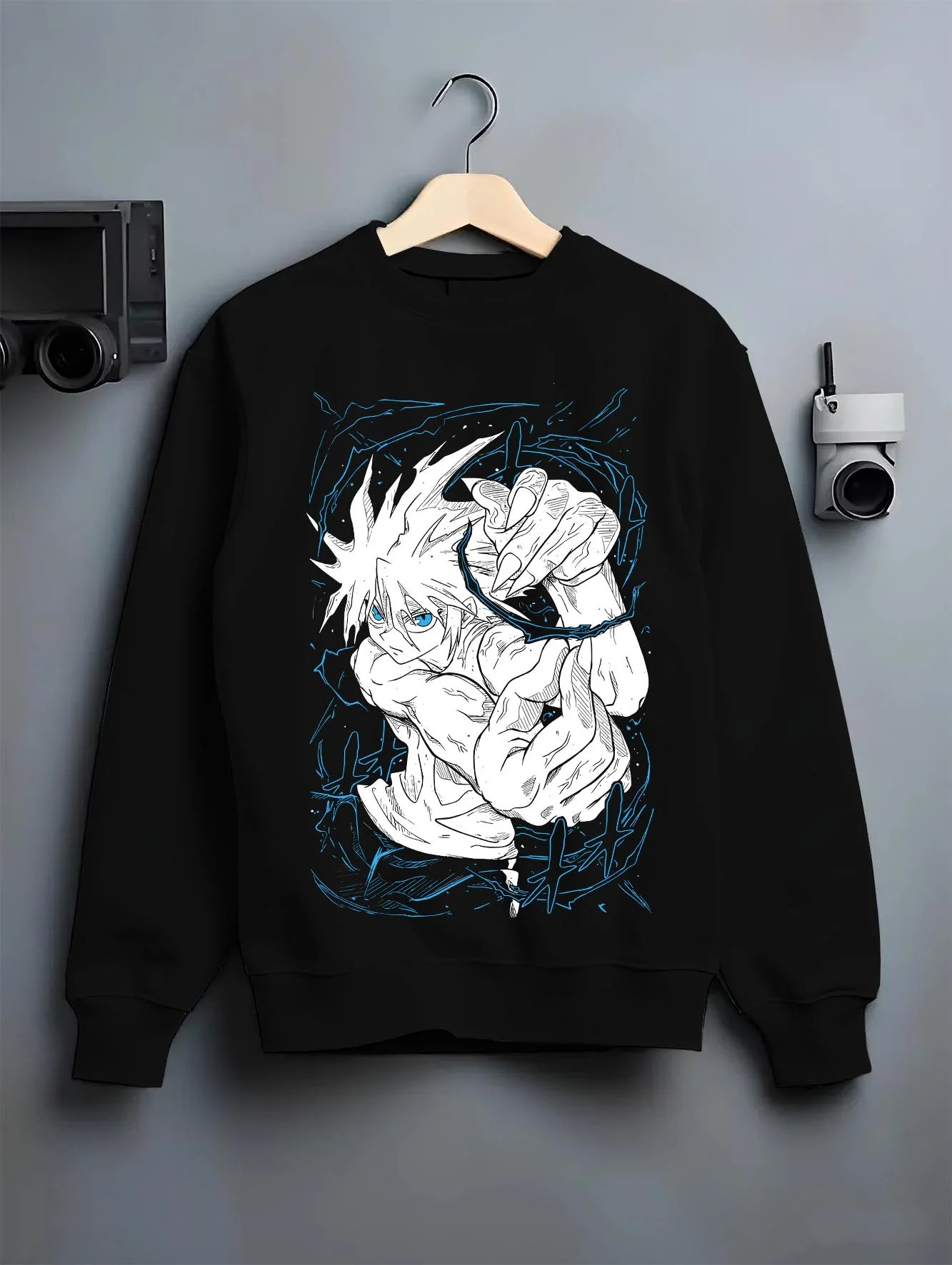 Black crewneck sweatshirt on hanger with Chainsaw Man Aki Hayakawa Sword Spirit Hoodie graphic streetwear graphic.