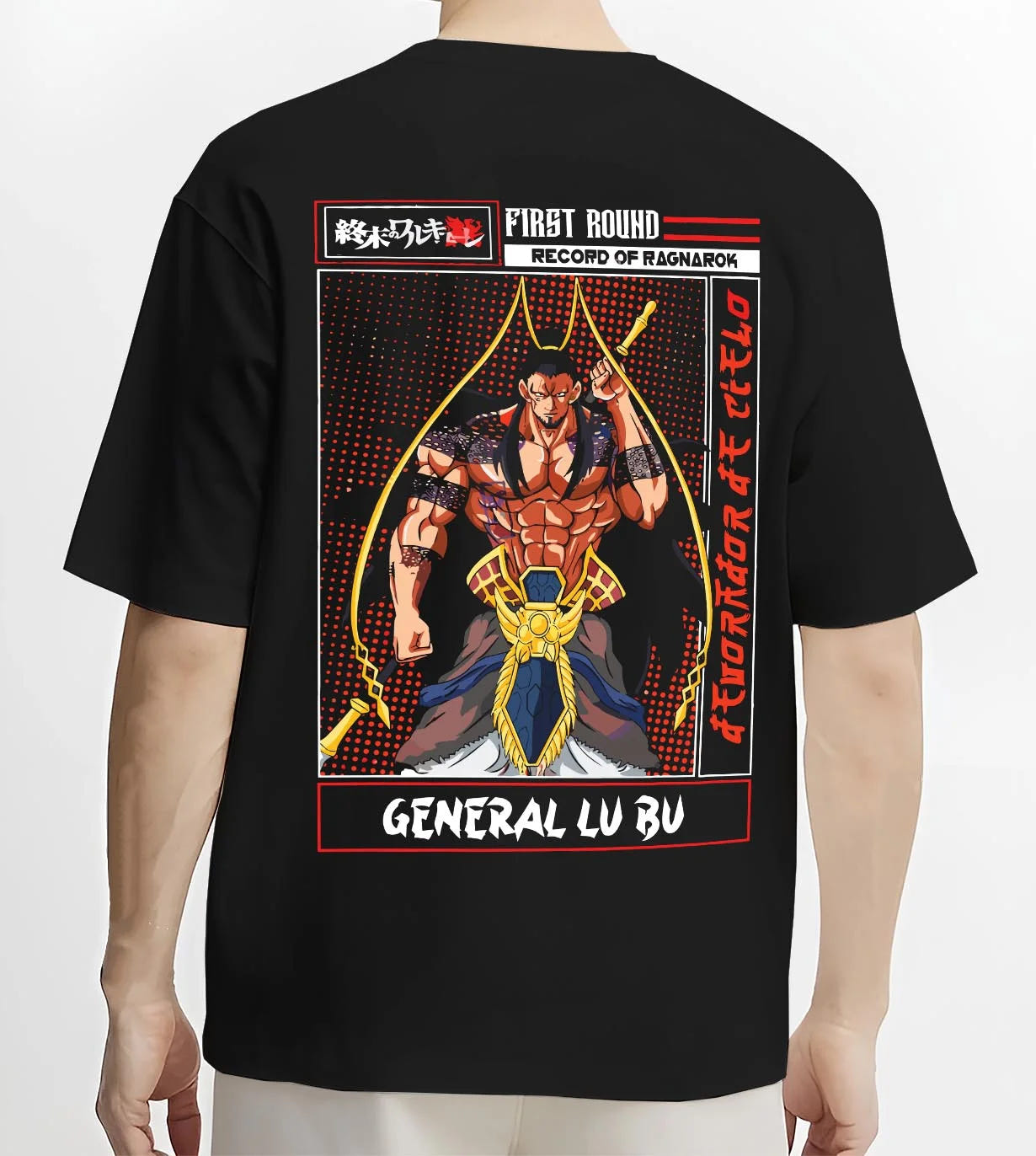 Black T-shirt worn by male model, back view with Chainsaw Man Aki Hayakawa Devil Contract Hoodie graphic premium wear.