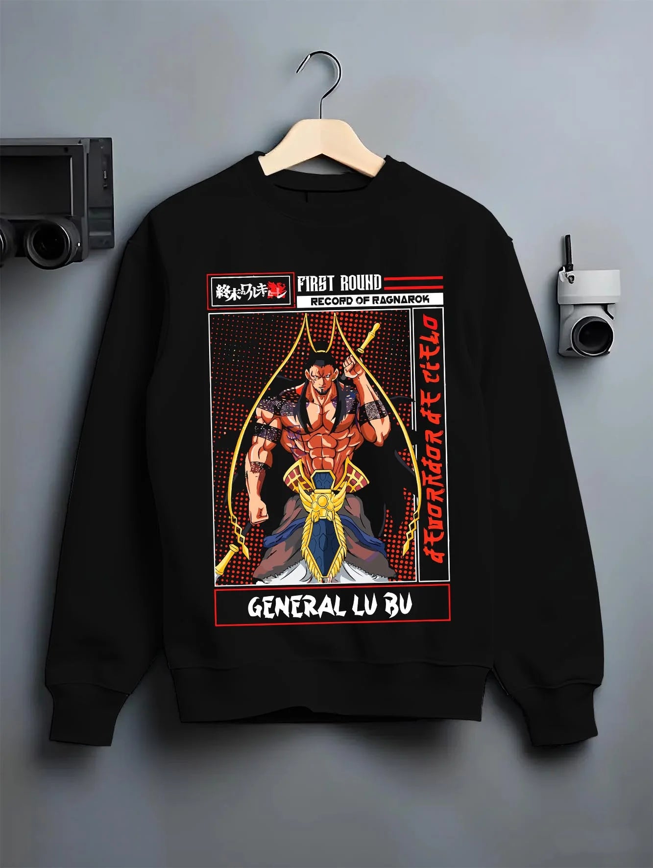 Black crewneck sweatshirt on hanger with Chainsaw Man Aki Hayakawa Devil Contract Hoodie graphic bold anime graphic.