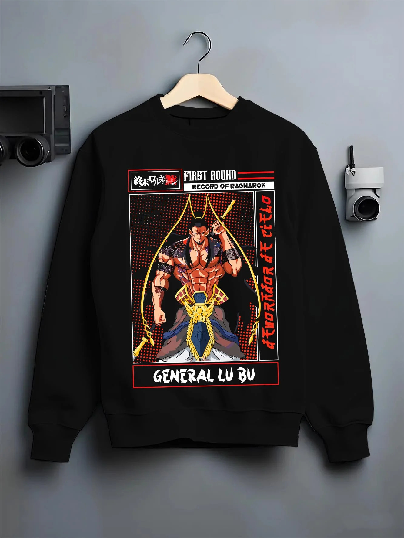 Black crewneck sweatshirt on hanger with Chainsaw Man Aki Hayakawa Devil Contract Hoodie graphic bold anime graphic.