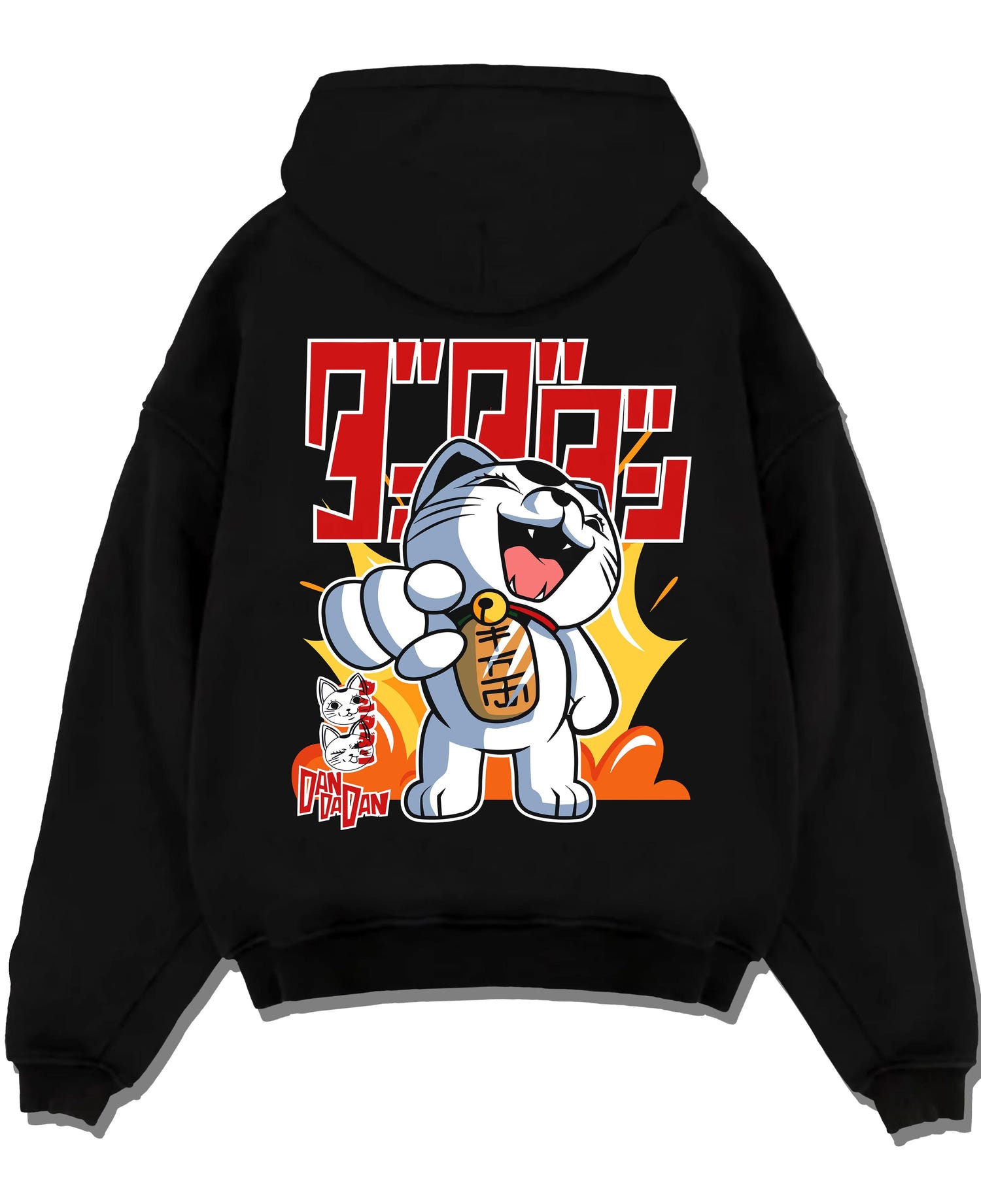 Black pullover hoodie laid flat with Turbo Granny Hoodie Dandadan Ghost Spirit Villain graphic premium wear.
