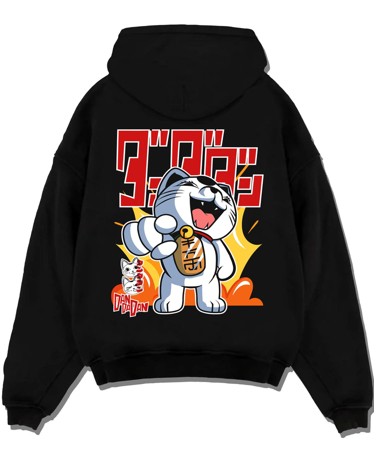 Black pullover hoodie laid flat with Turbo Granny Hoodie Dandadan Ghost Spirit Villain graphic premium wear.
