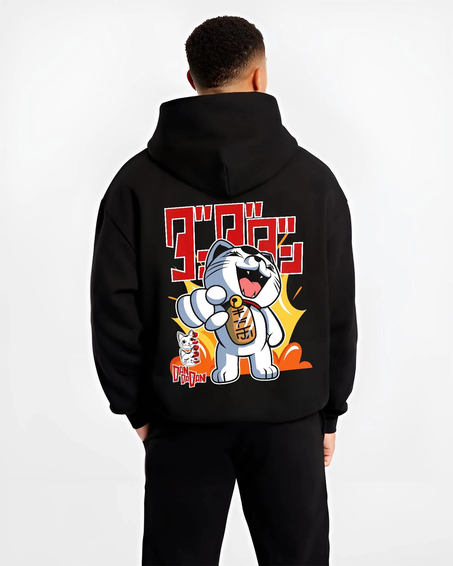 Black hoodie worn by male model, back view with Turbo Granny Hoodie Dandadan Ghost Spirit Villain graphic premium wear.