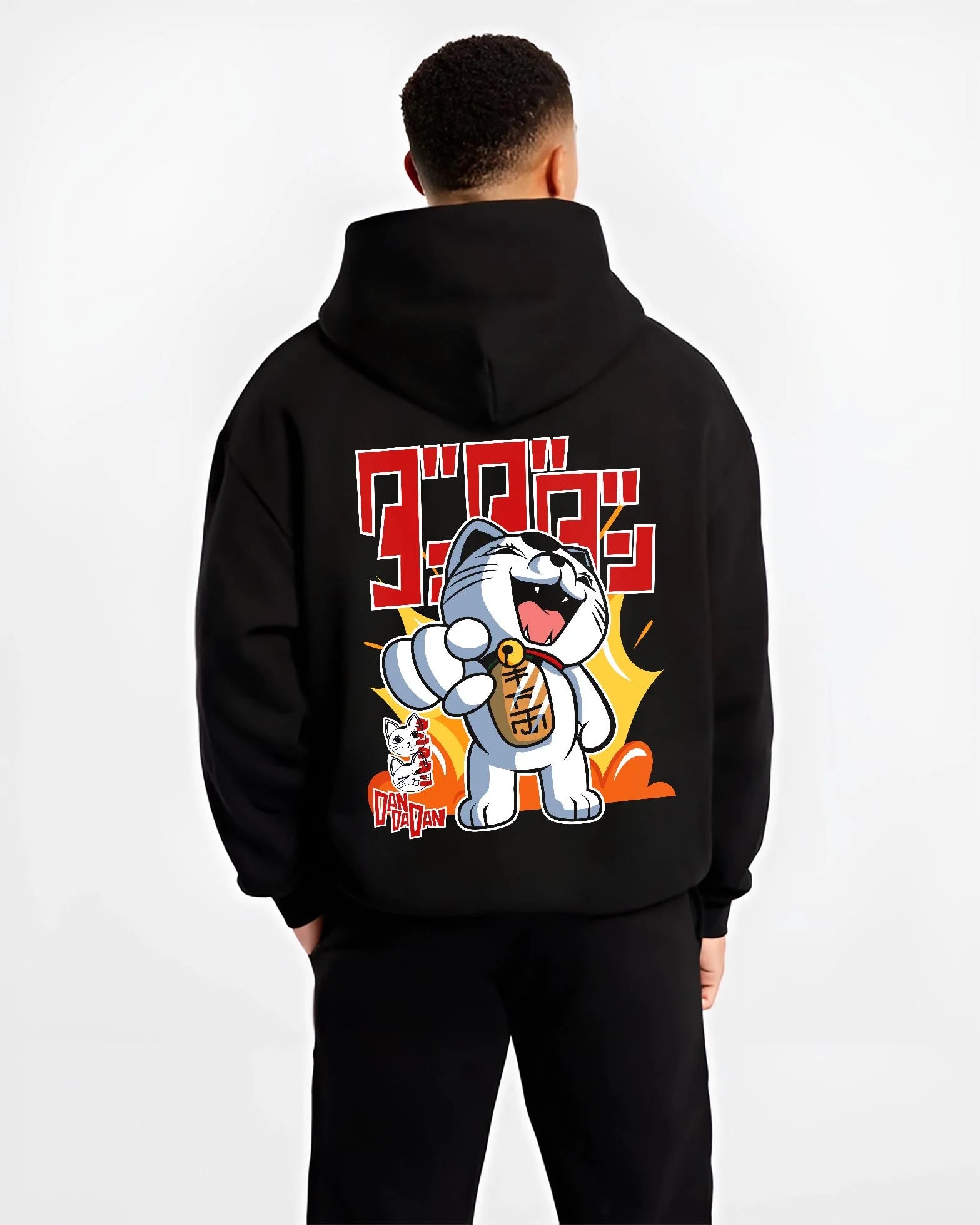 Black hoodie worn by male model, back view with Turbo Granny Hoodie Dandadan Ghost Spirit Villain graphic premium wear.