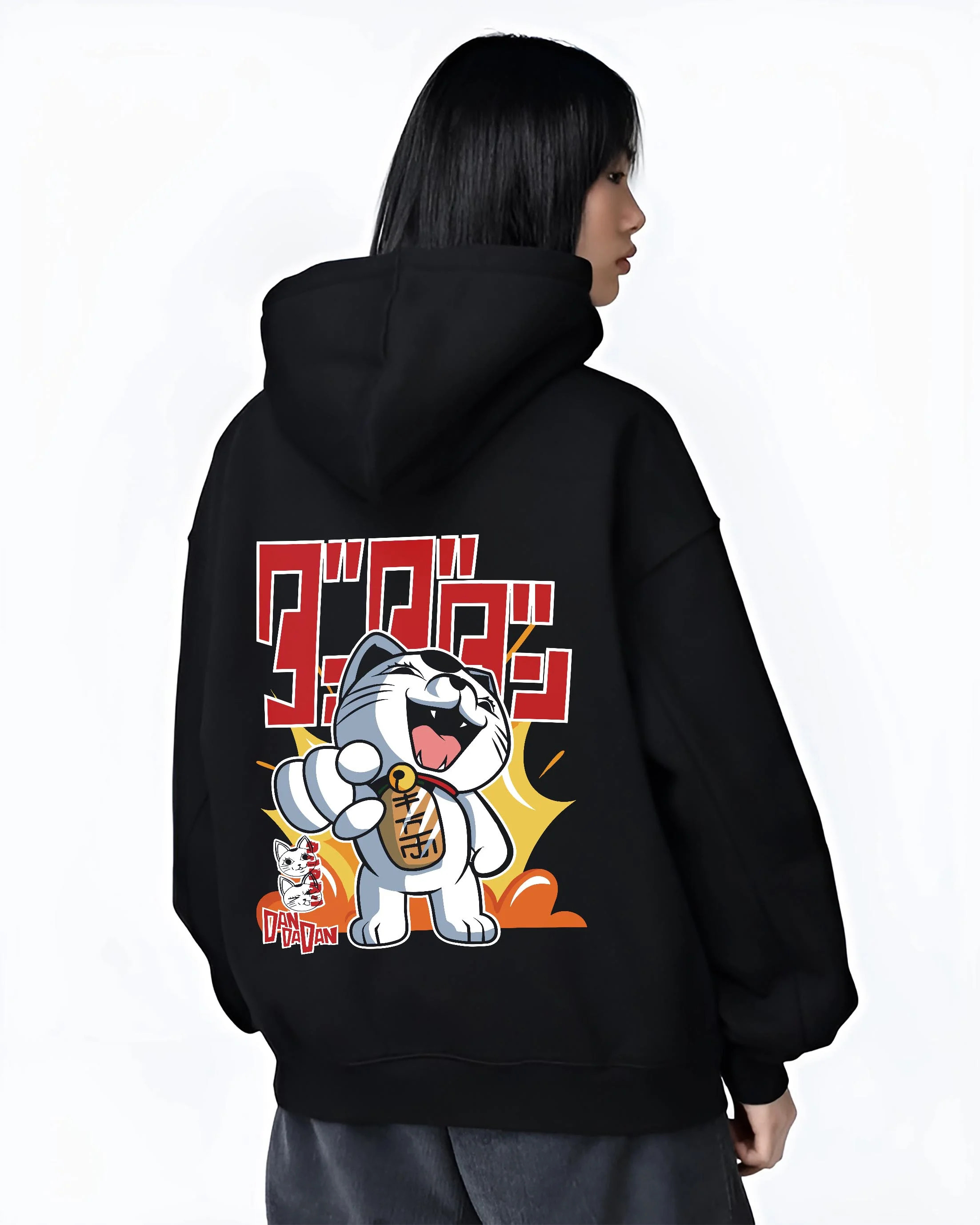 Black hoodie worn by female model, back view with Turbo Granny Hoodie Dandadan Ghost Spirit Villain graphic premium wear.