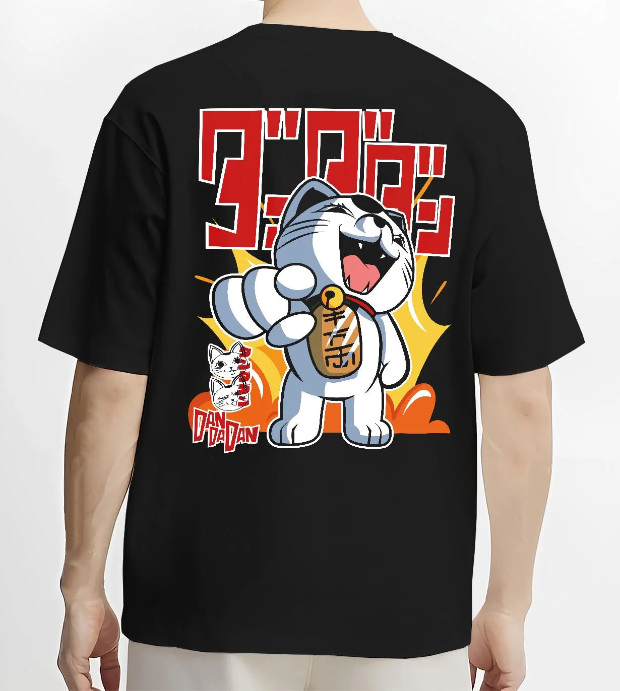 Black T-shirt worn by male model, back view with Turbo Granny Hoodie Dandadan Ghost Spirit Villain graphic streetwear graphic.