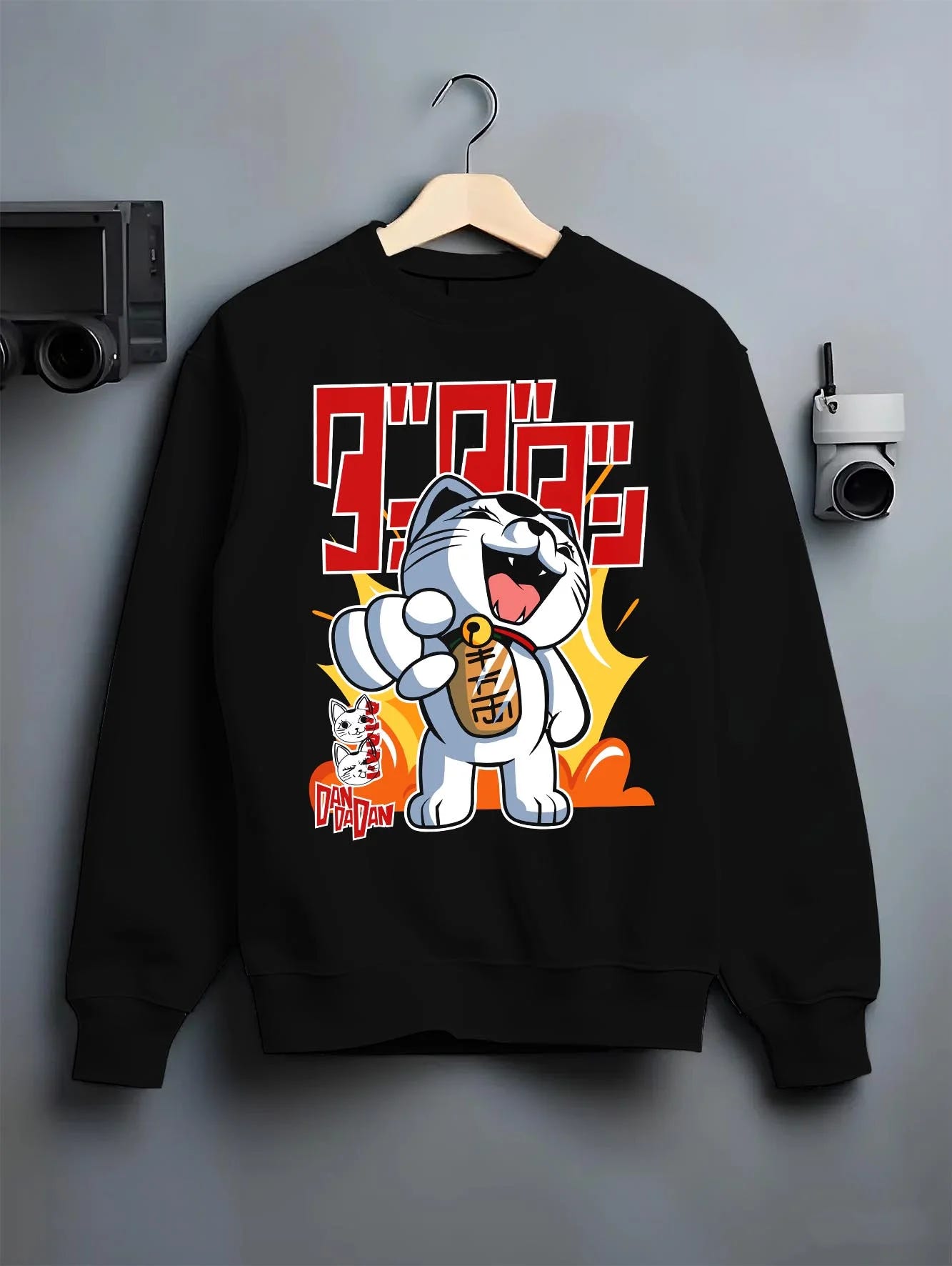 Black crewneck sweatshirt on hanger with Turbo Granny Hoodie Dandadan Ghost Spirit Villain graphic bold anime graphic.