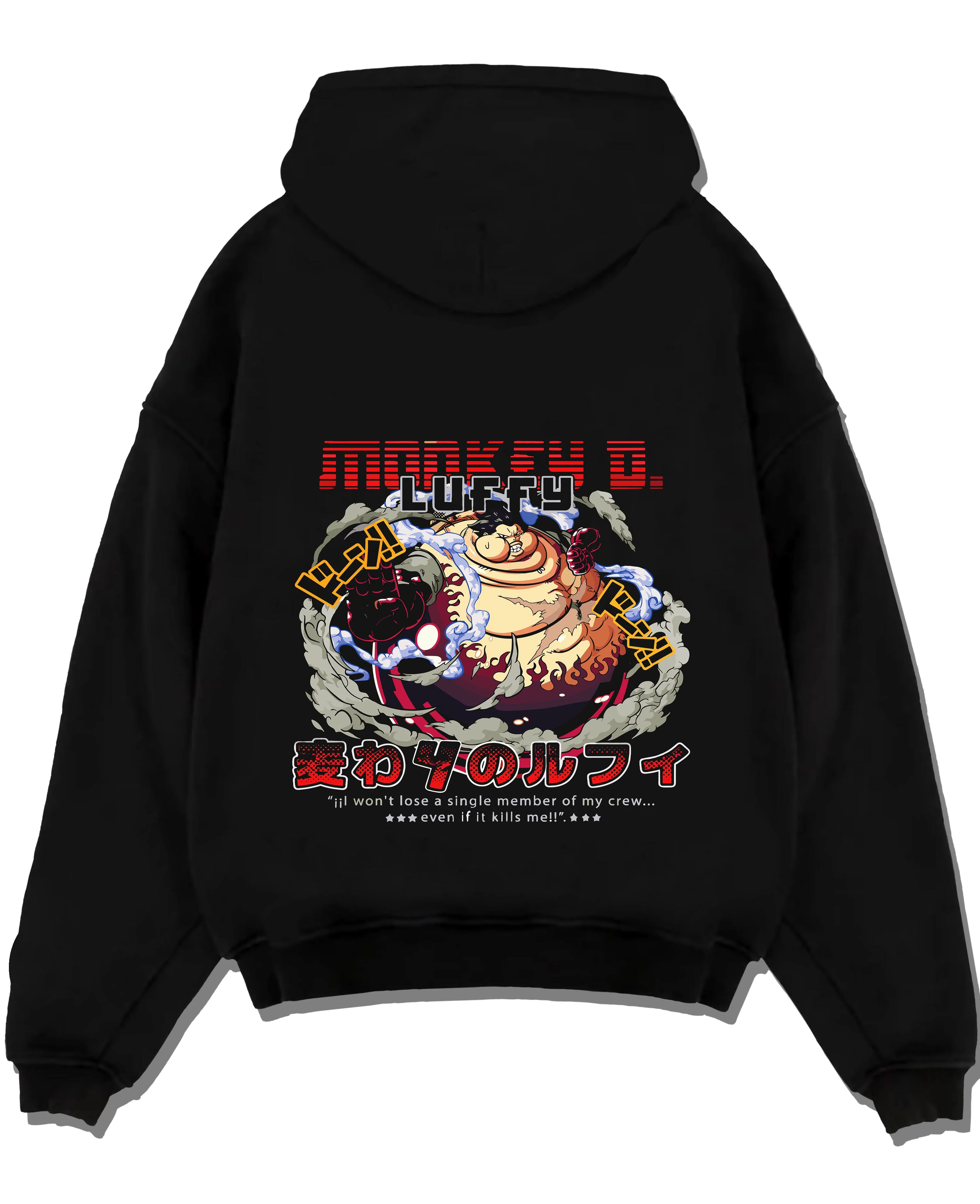 Black pullover hoodie laid flat on a white background, featuring One Piece Monkey D. Luffy Gear Fourth anime poster inspired graphic.