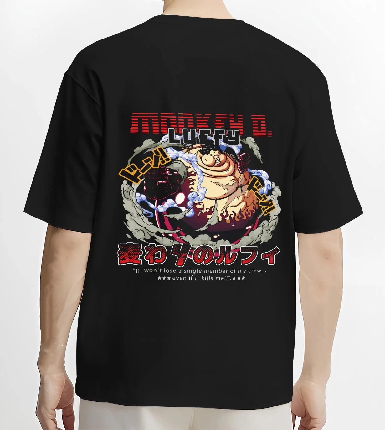Black T-shirt worn by a male model, back view, featuring Monkey D. Luffy One Piece shonen battle character artwork design.