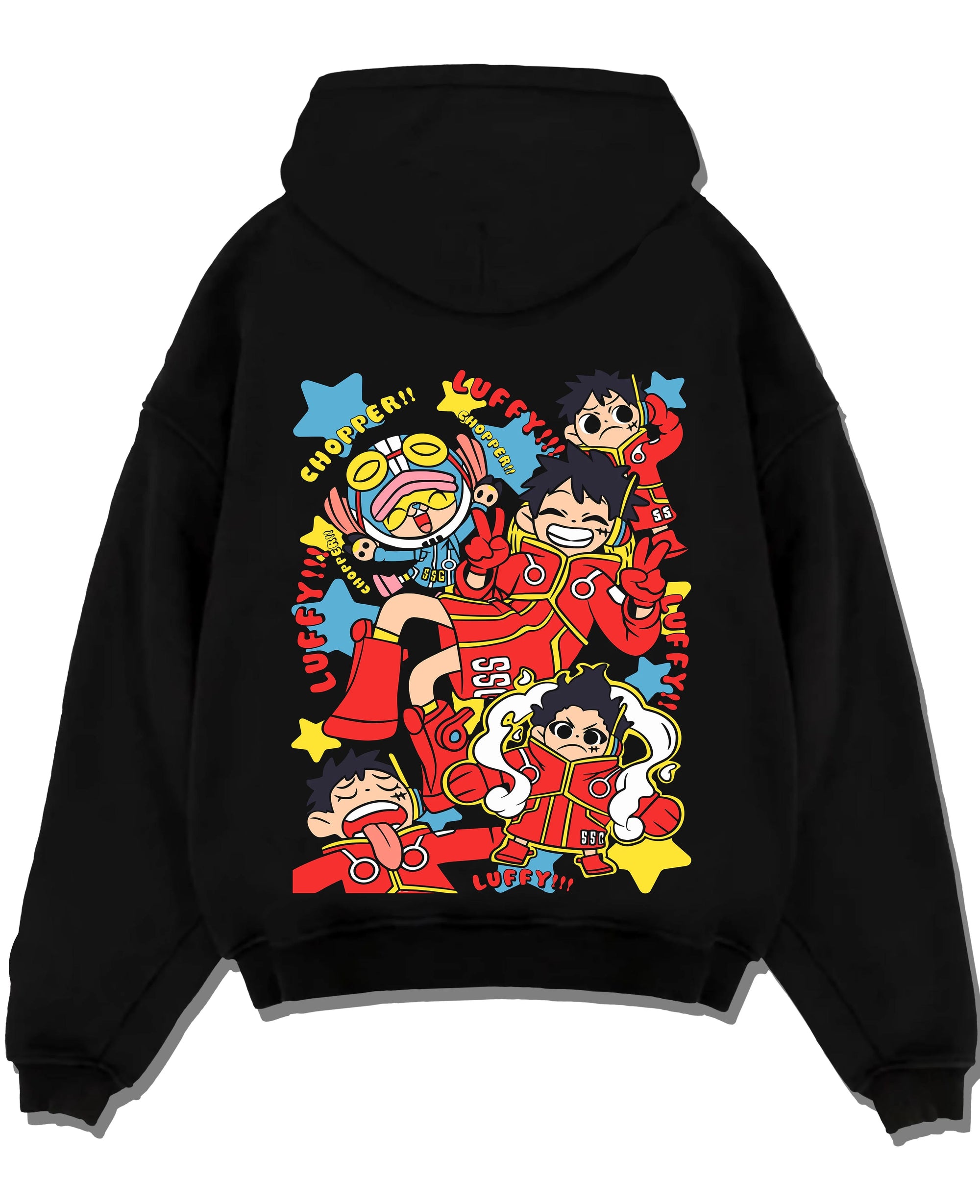 Black pullover hoodie laid flat featuring One Piece Luffy and Chopper playful anime streetwear graphic, retro manga inspired design.