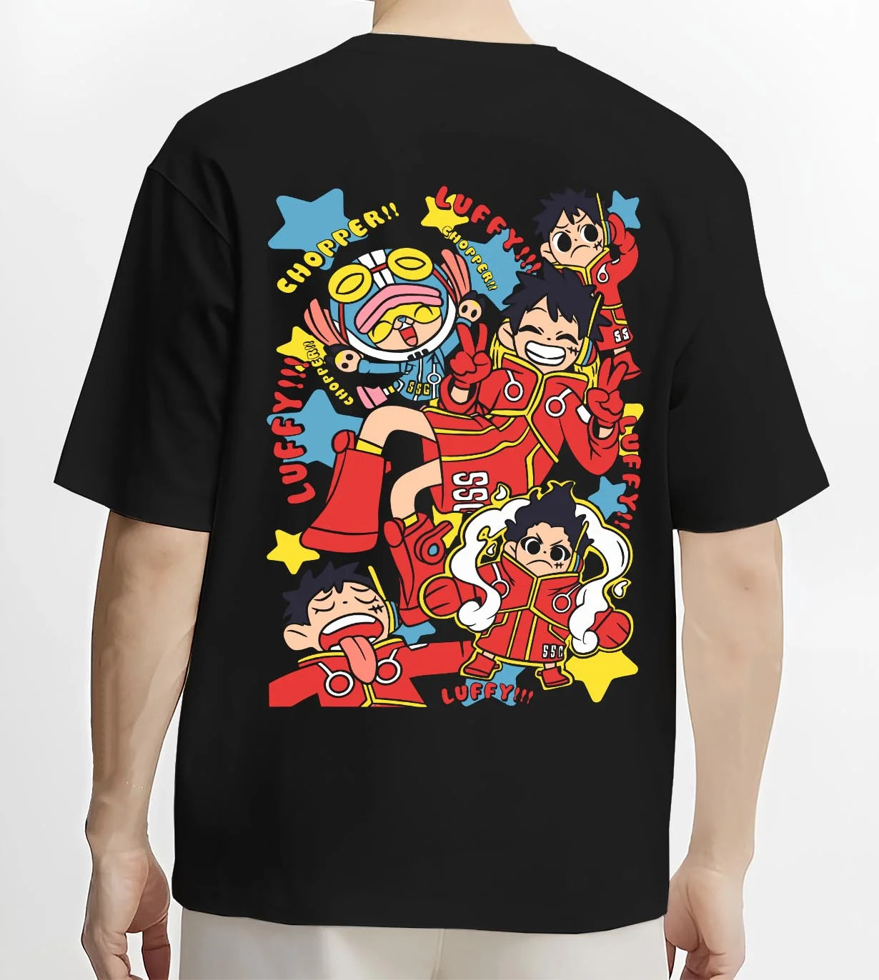 Black T-shirt worn by male model, back view showcasing Japanese animation streetwear featuring Luffy playful poses and Chopper design.
