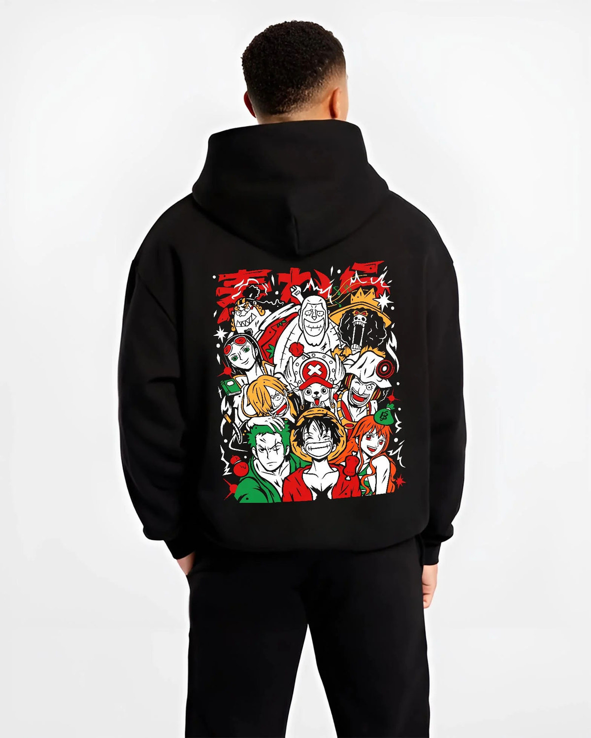Black hoodie worn by male model from the back featuring Luffy and the Straw Hat crew artwork.