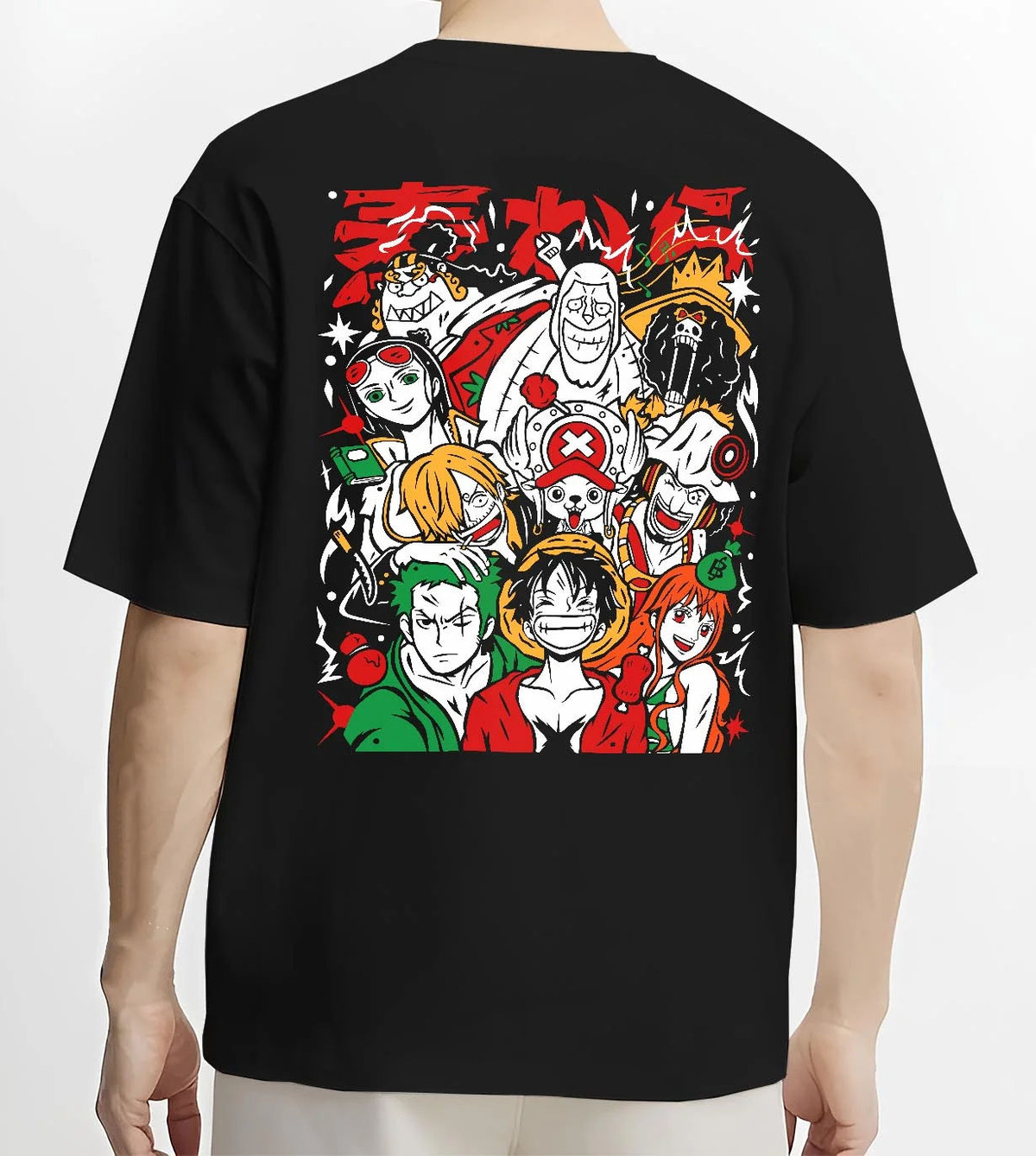 Black T-shirt worn by male model from the back featuring Luffy and the Straw Hat crew artwork.
