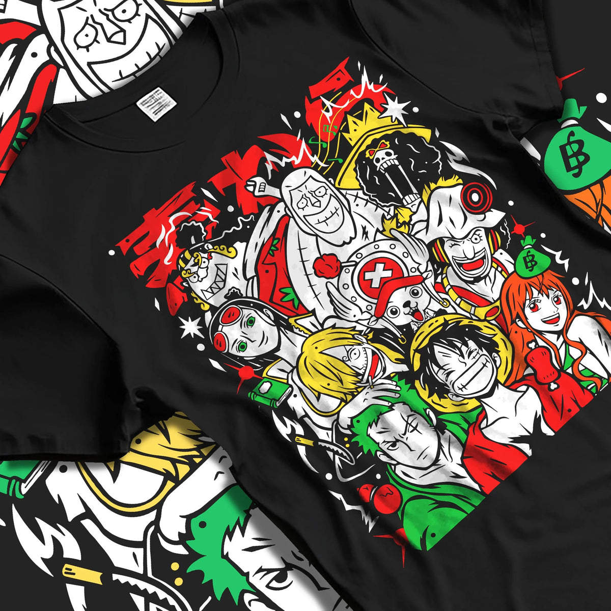 Black T-shirt laid flat with natural folds featuring Luffy and the Straw Hat crew artwork.