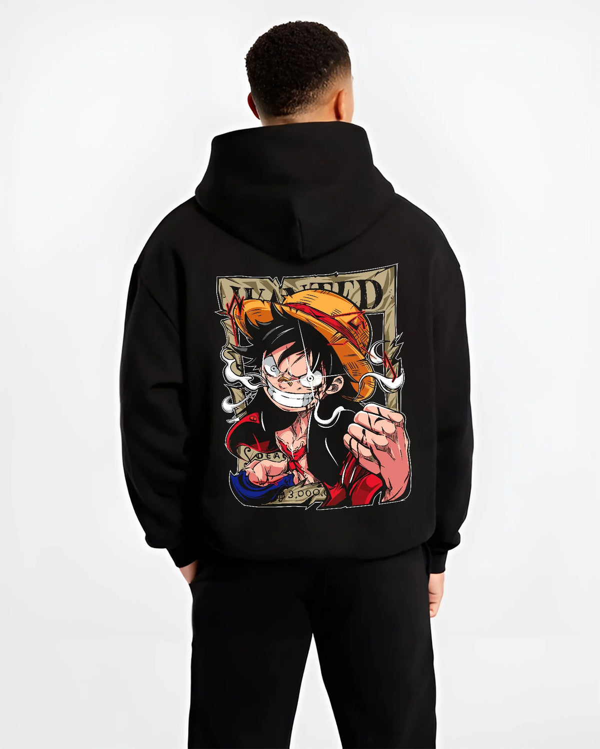Black hoodie model back view showing Monkey D. Luffy from One Piece: wanted poster punch