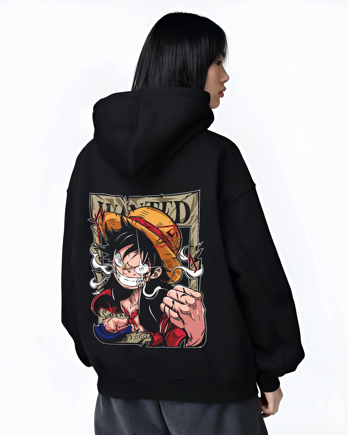 Black hoodie female model back view showing Monkey D. Luffy from One Piece: wanted poster punch