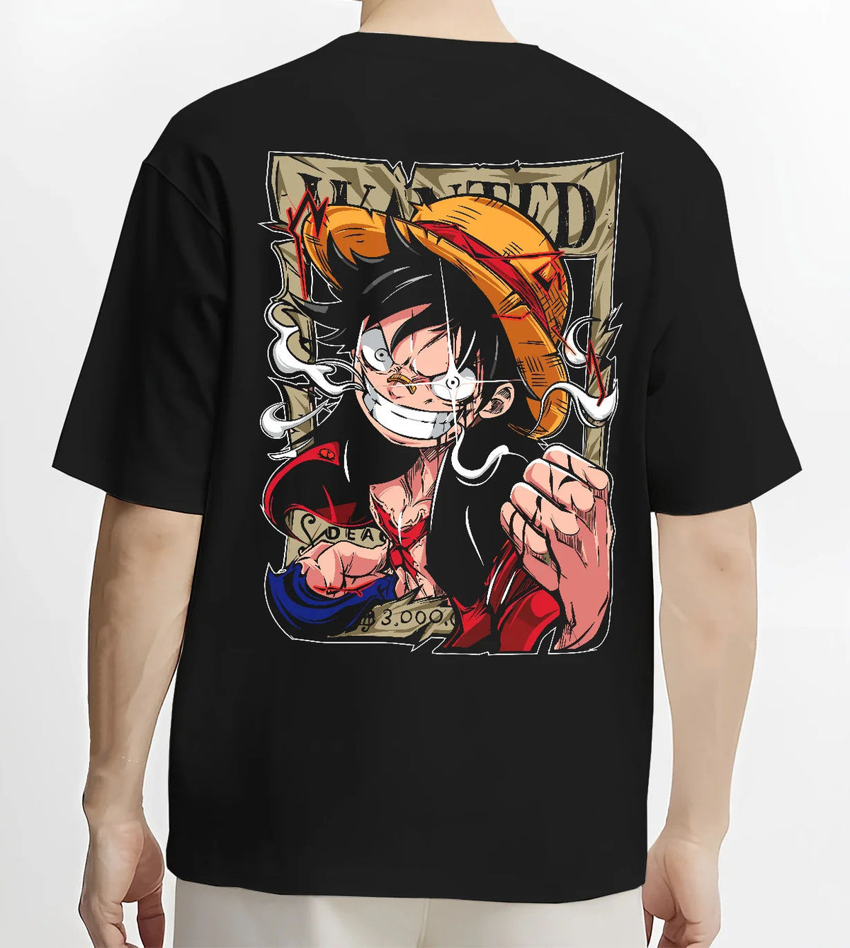 Black T-shirt model back view showing Monkey D. Luffy from One Piece: wanted poster punch