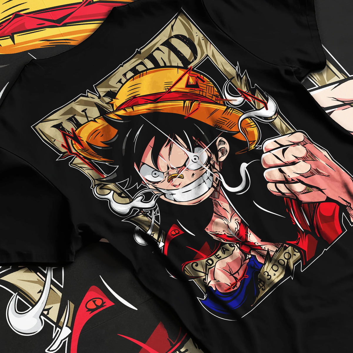 Black T-shirt flat back view showing Monkey D. Luffy from One Piece: wanted poster punch