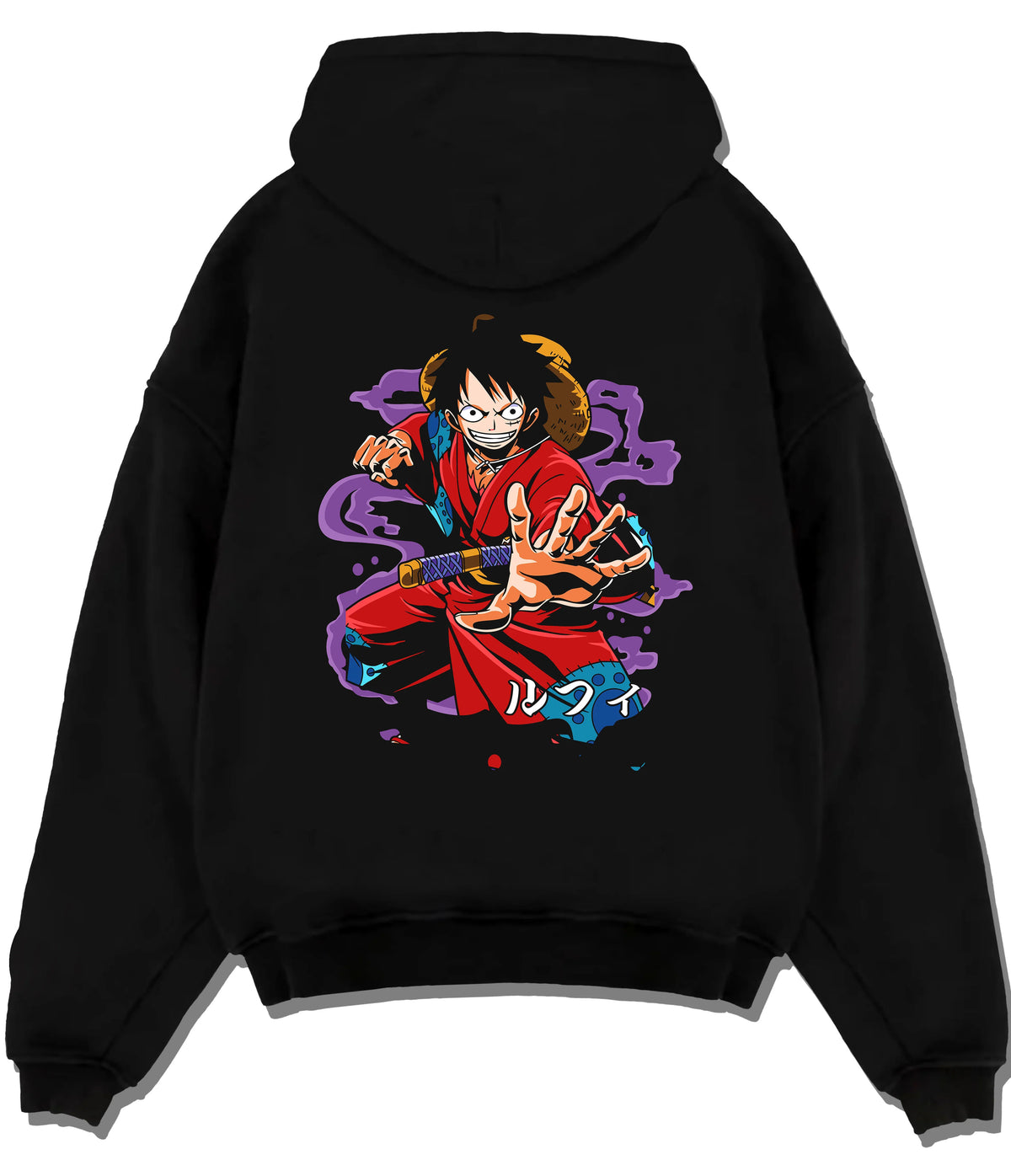 Black hoodie flat back view showing Monkey D. Luffy from One Piece: red coat battle pose