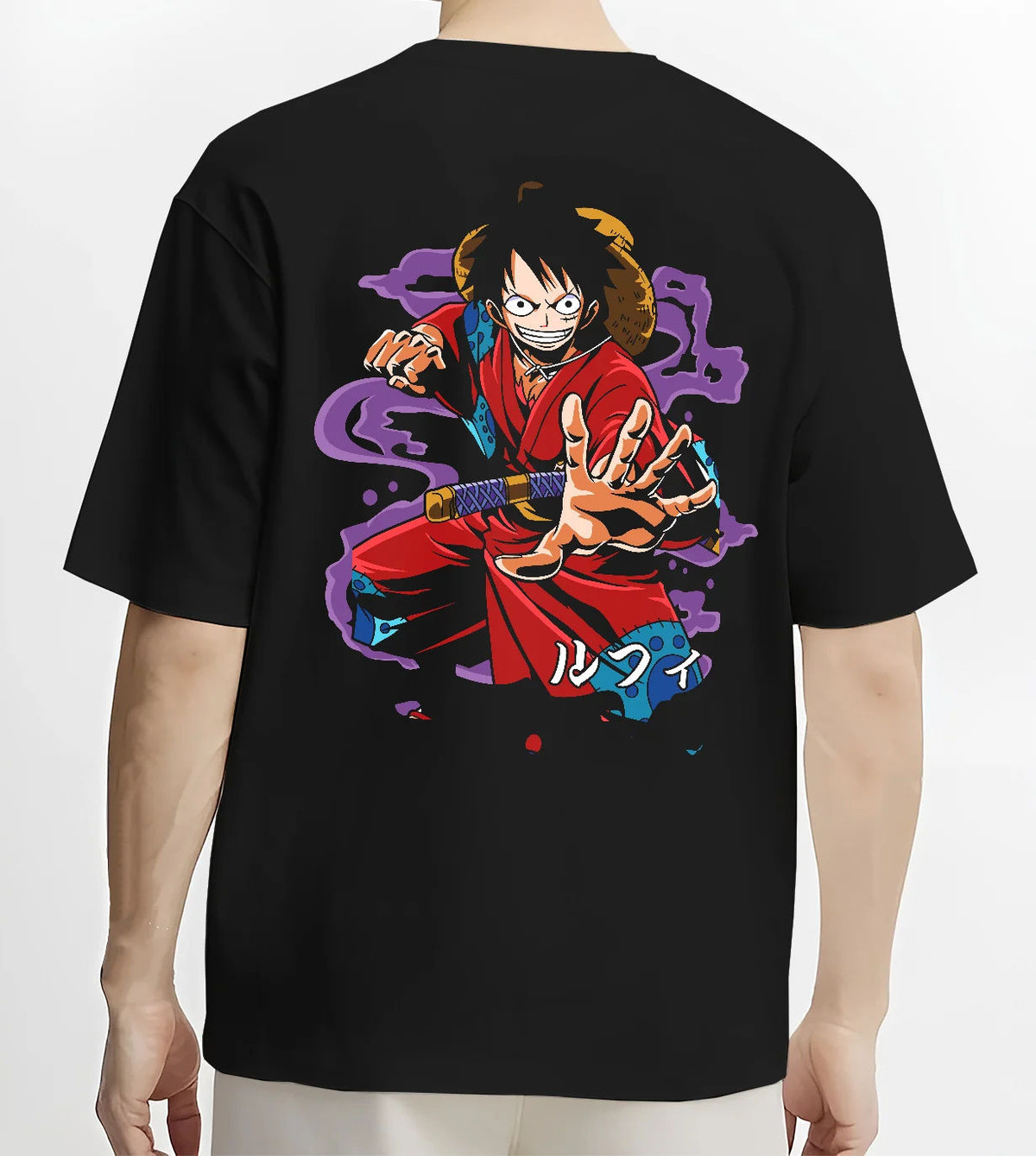 Black T-shirt model back view showing Monkey D. Luffy from One Piece: red coat battle pose