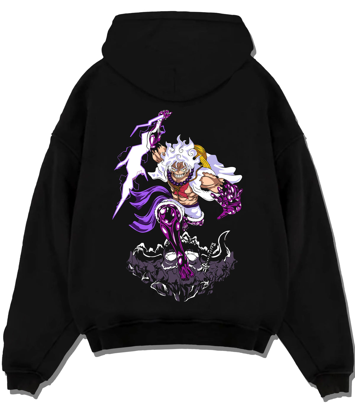 Black hoodie flat back view showing Monkey D. Luffy from One Piece: Gear 5 purple lightning
